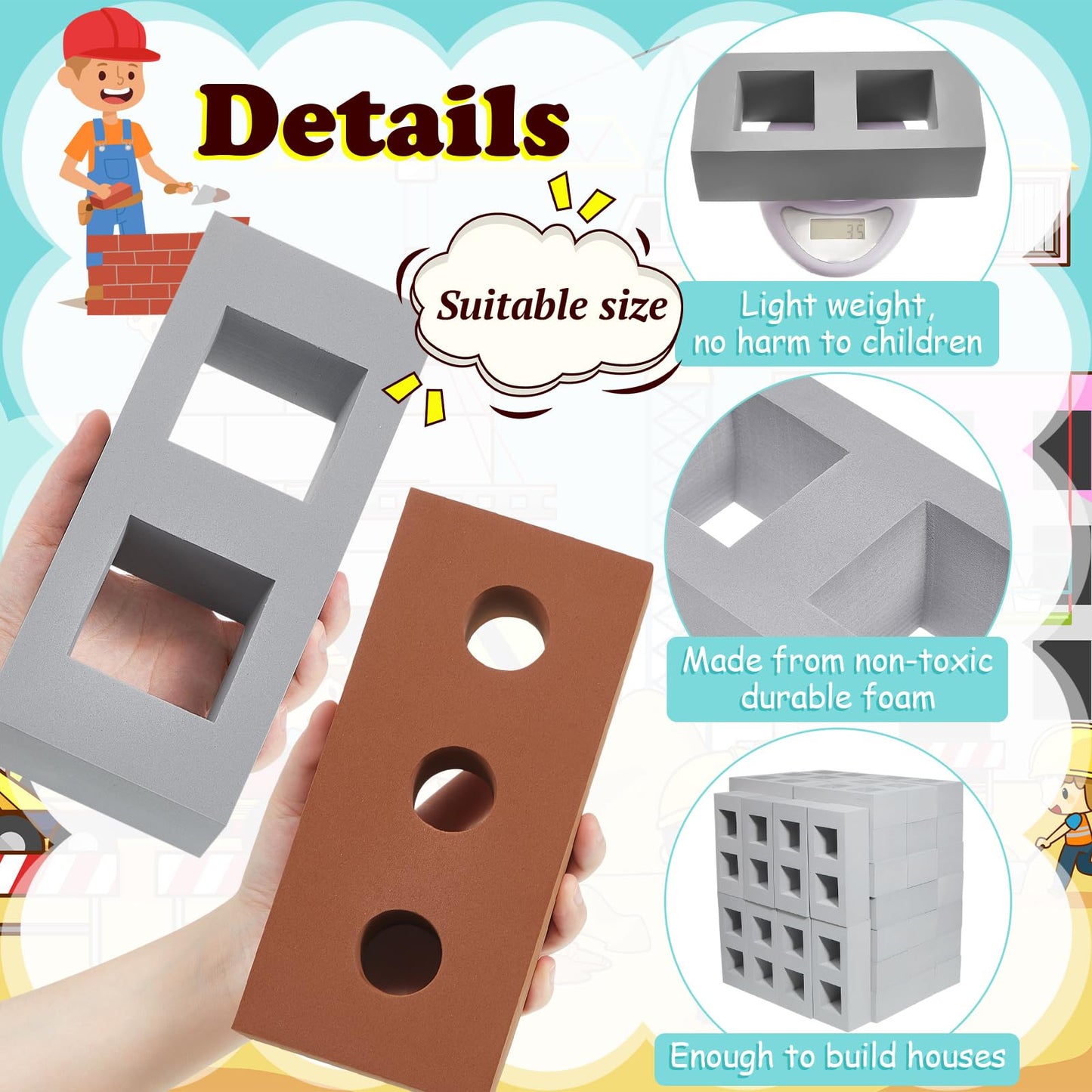 Zhanmai 50 Pack Foam Bricks – EVA Foam Blocks for Stacking & Construction, 8 x 4 x 2.4 in