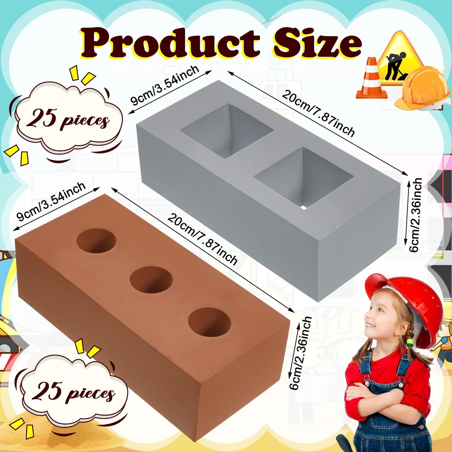 Zhanmai 50 Pack Foam Bricks – EVA Foam Blocks for Stacking & Construction, 8 x 4 x 2.4 in