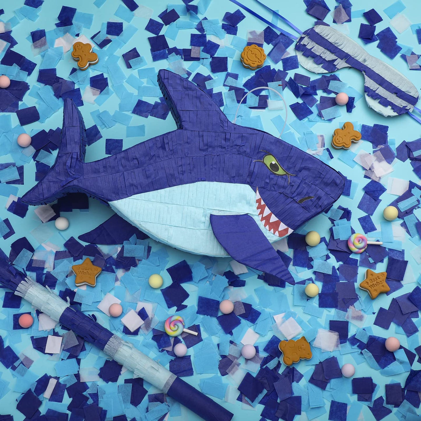 Zhanmai Shark Piñata – 15.7in Ocean Party Kit with Blindfold, Bat & Confetti