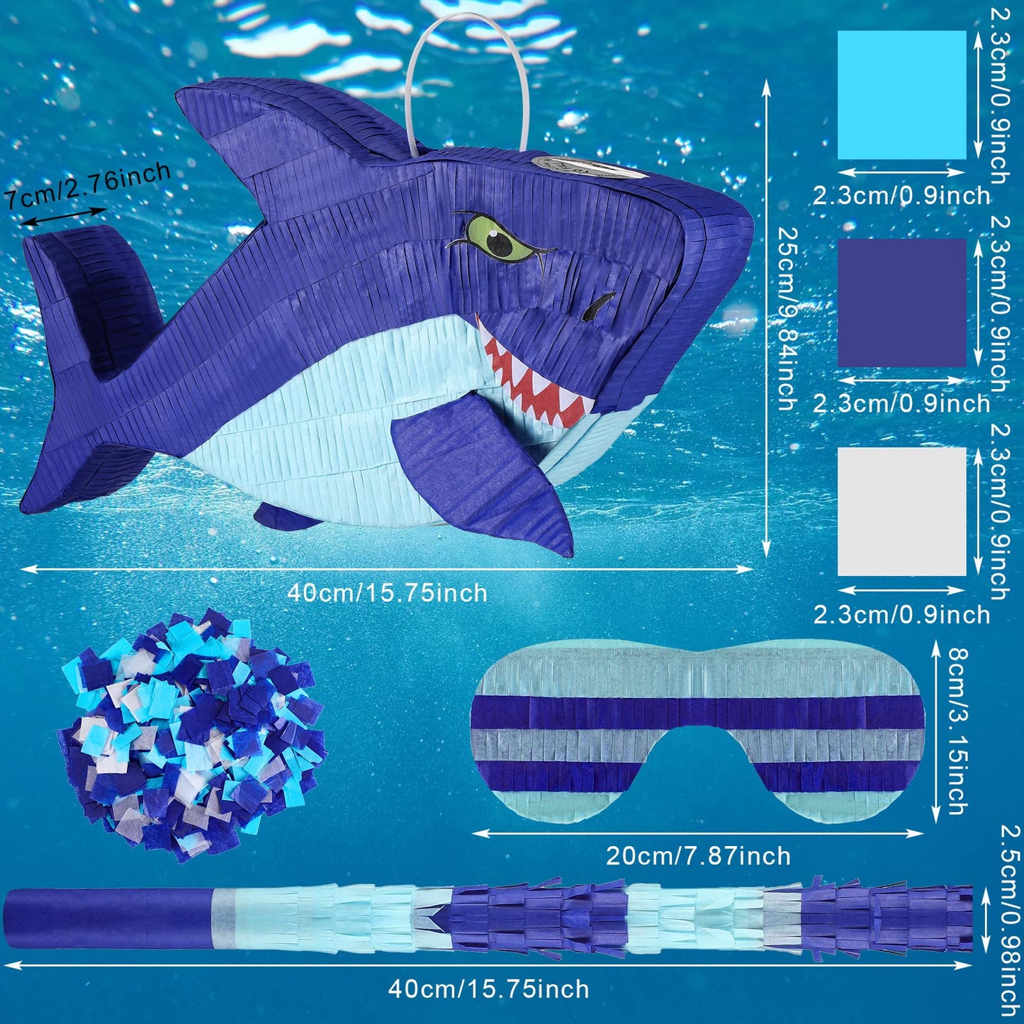 Zhanmai Shark Piñata – 15.7in Ocean Party Kit with Blindfold, Bat & Confetti