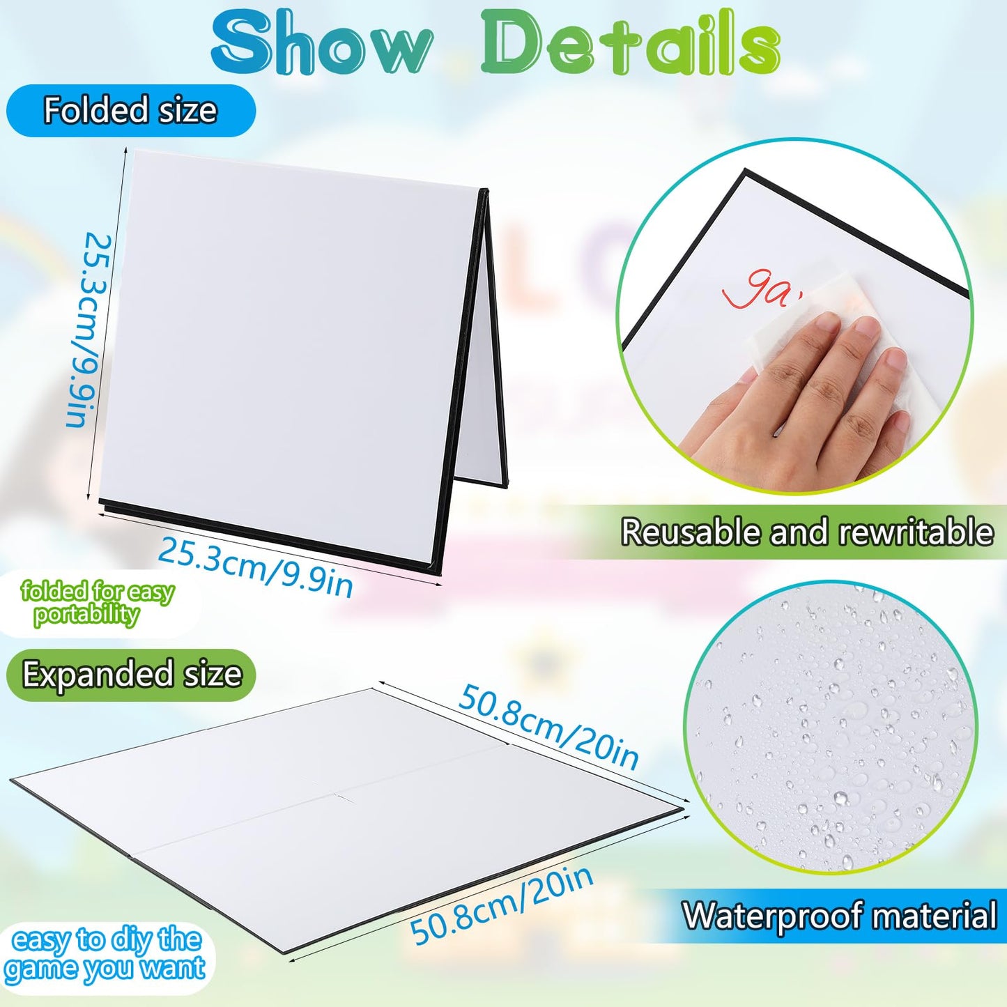 Zhanmai 4 Pcs Folding Blank Game Board – 20x20 Inch DIY Quad Fold Dry-Erase Board for Family, School & Classroom Activities