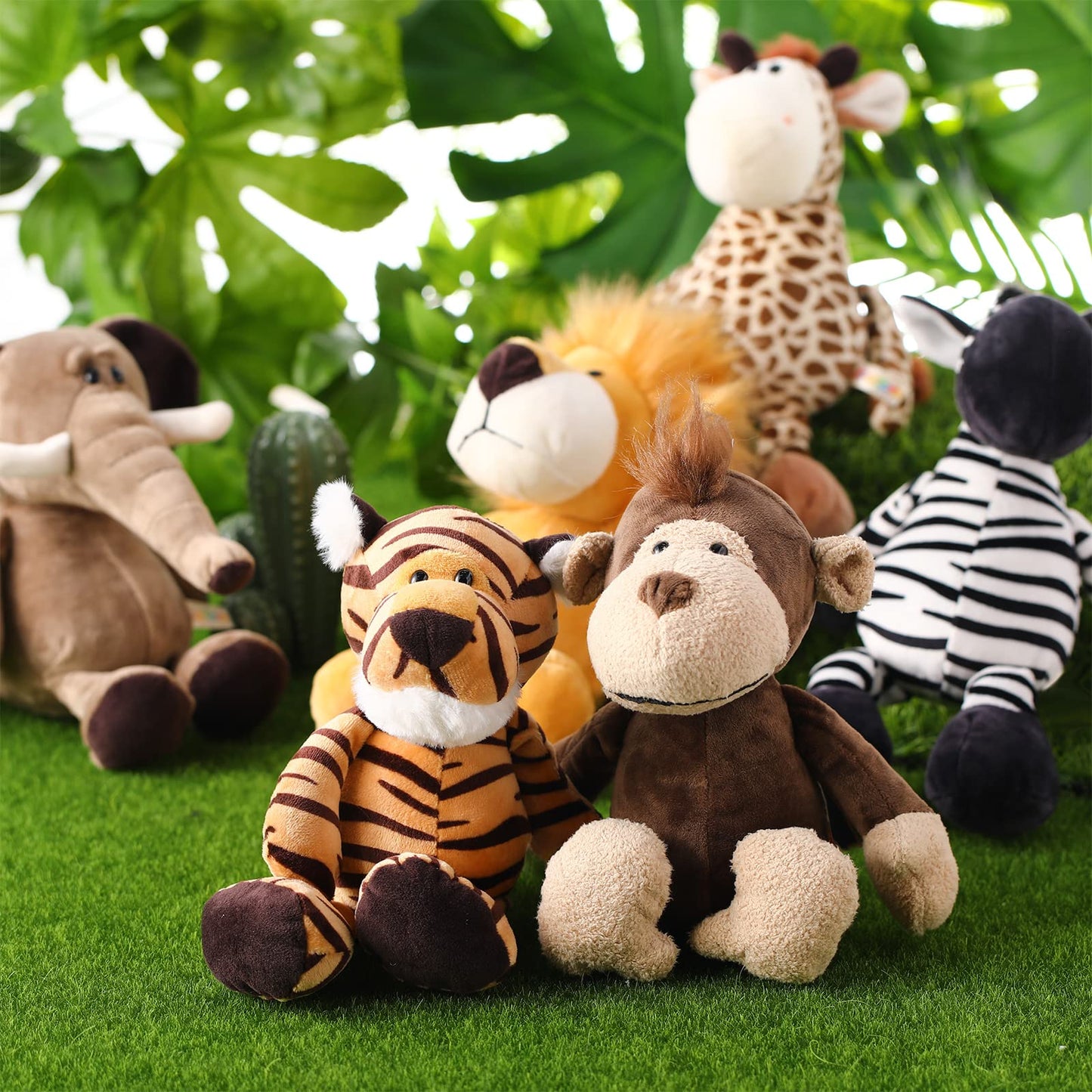 Zhanmai 6-Piece Safari Plush Animals Set | Lion, Elephant, Zebra, Deer, Tiger, Monkey