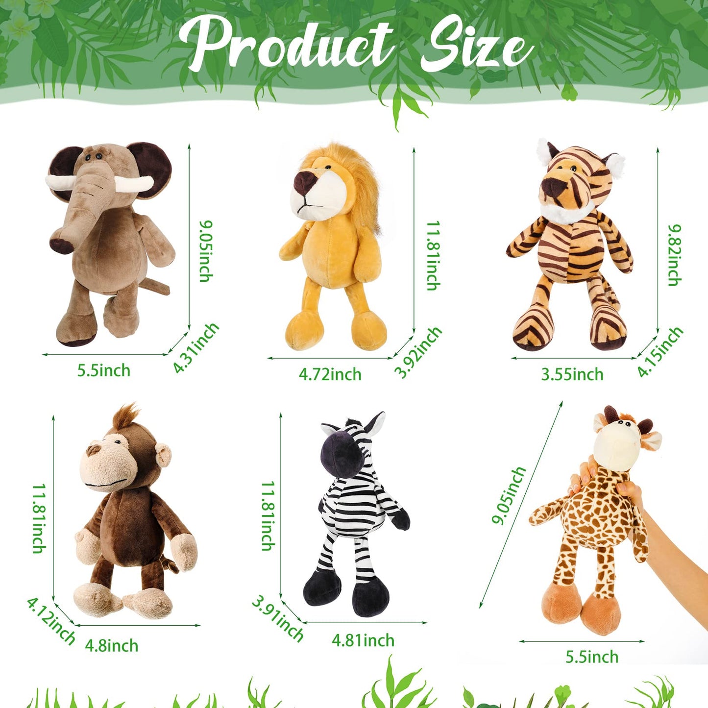Zhanmai 6-Piece Safari Plush Animals Set | Lion, Elephant, Zebra, Deer, Tiger, Monkey
