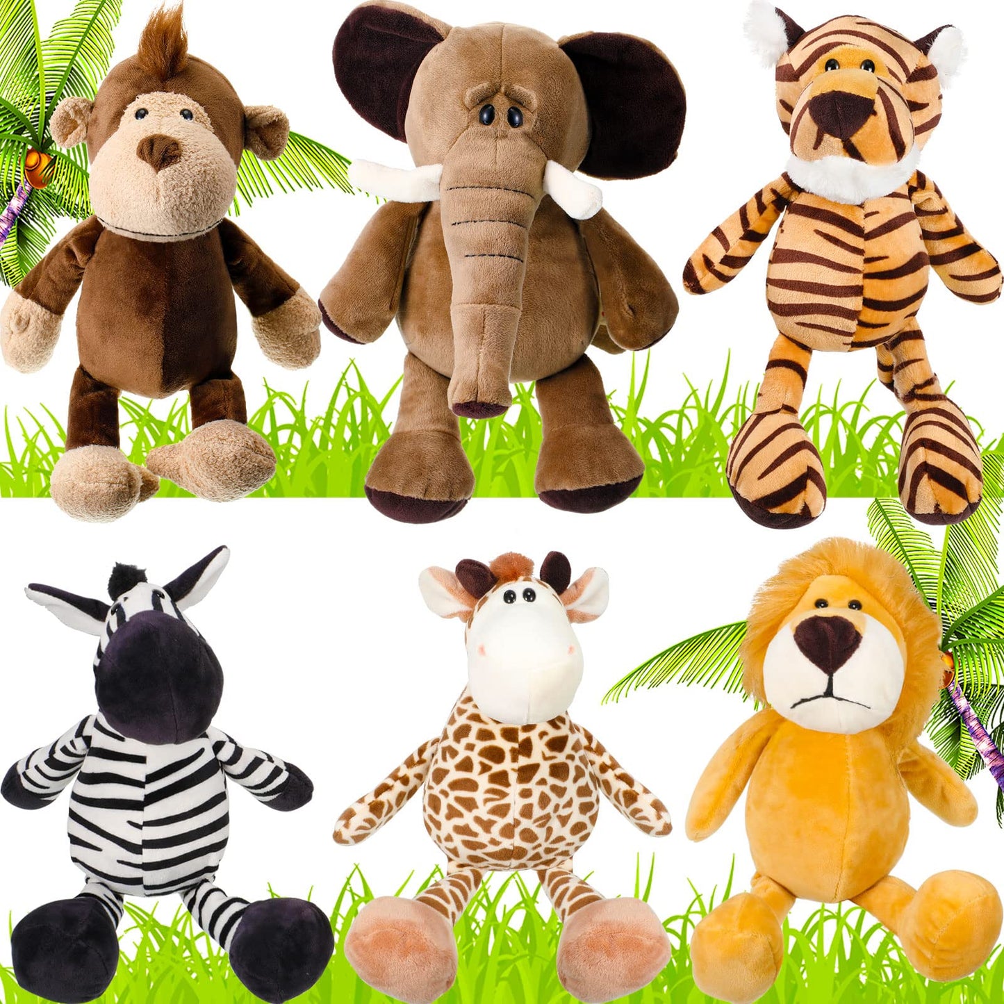 Zhanmai 6-Piece Safari Plush Animals Set | Lion, Elephant, Zebra, Deer, Tiger, Monkey