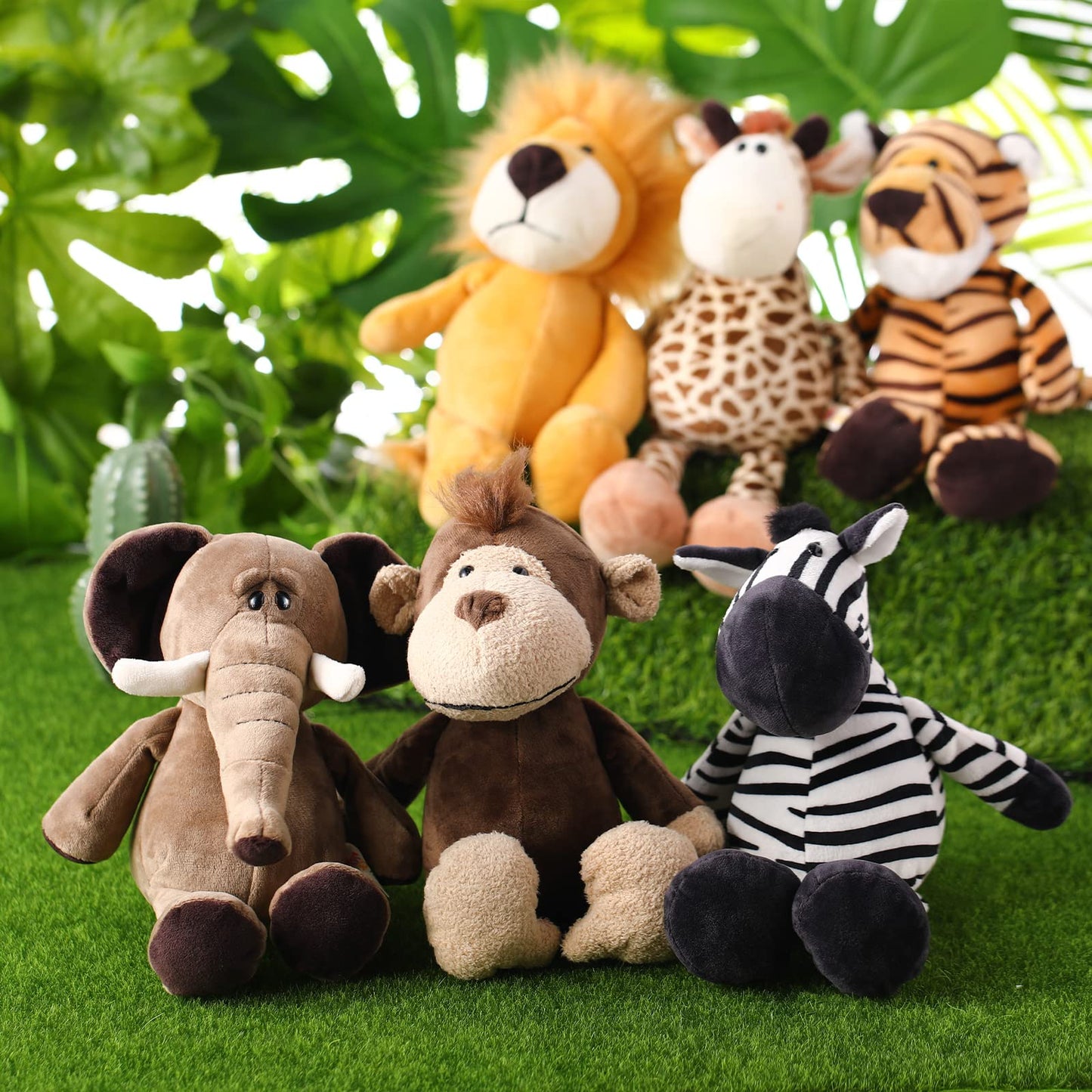 Zhanmai 6-Piece Safari Plush Animals Set | Lion, Elephant, Zebra, Deer, Tiger, Monkey
