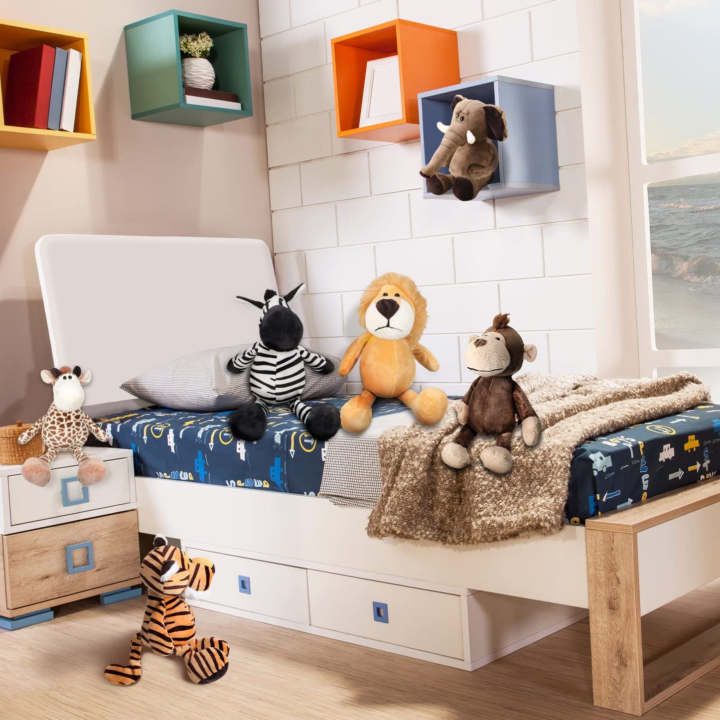 Zhanmai 6-Piece Safari Plush Animals Set | Lion, Elephant, Zebra, Deer, Tiger, Monkey