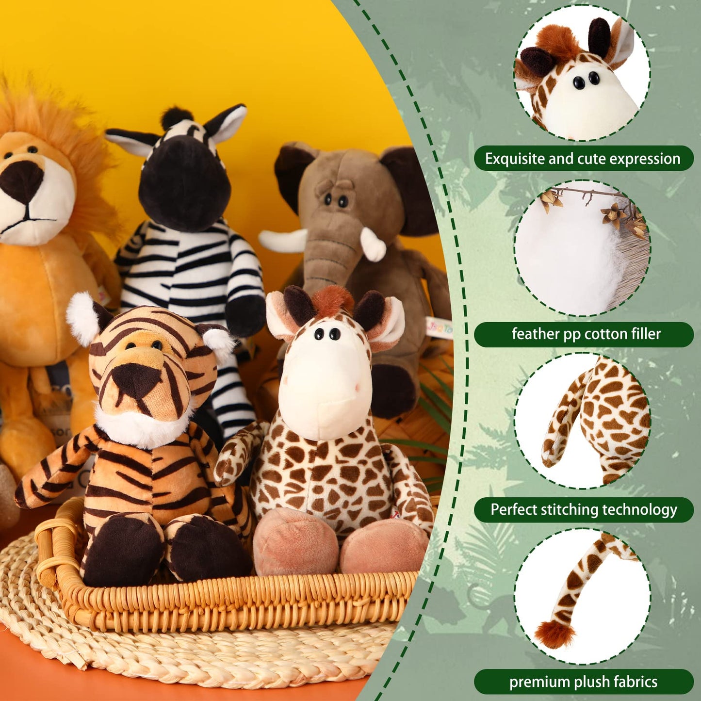 Zhanmai 6-Piece Safari Plush Animals Set | Lion, Elephant, Zebra, Deer, Tiger, Monkey