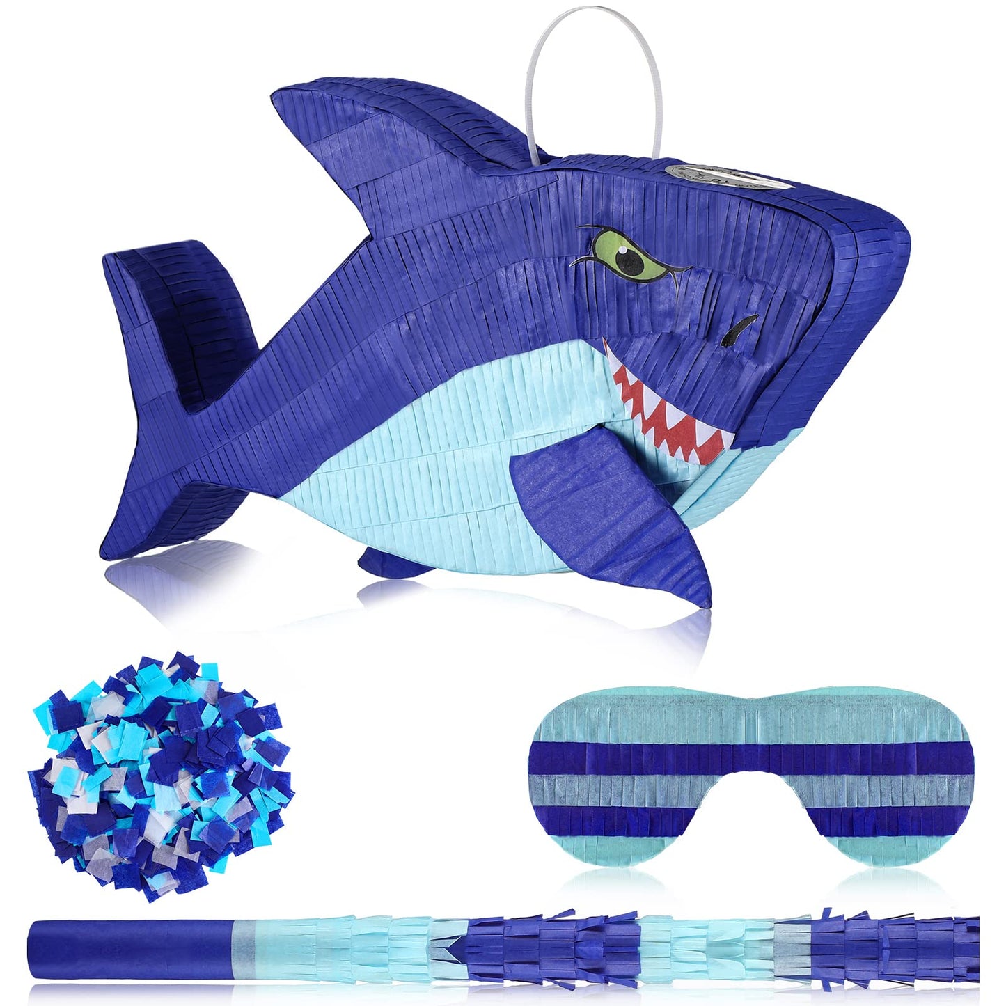 Zhanmai Shark Piñata – 15.7in Ocean Party Kit with Blindfold, Bat & Confetti