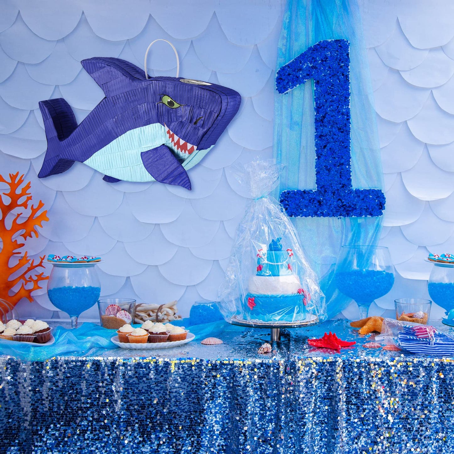 Zhanmai Shark Piñata – 15.7in Ocean Party Kit with Blindfold, Bat & Confetti