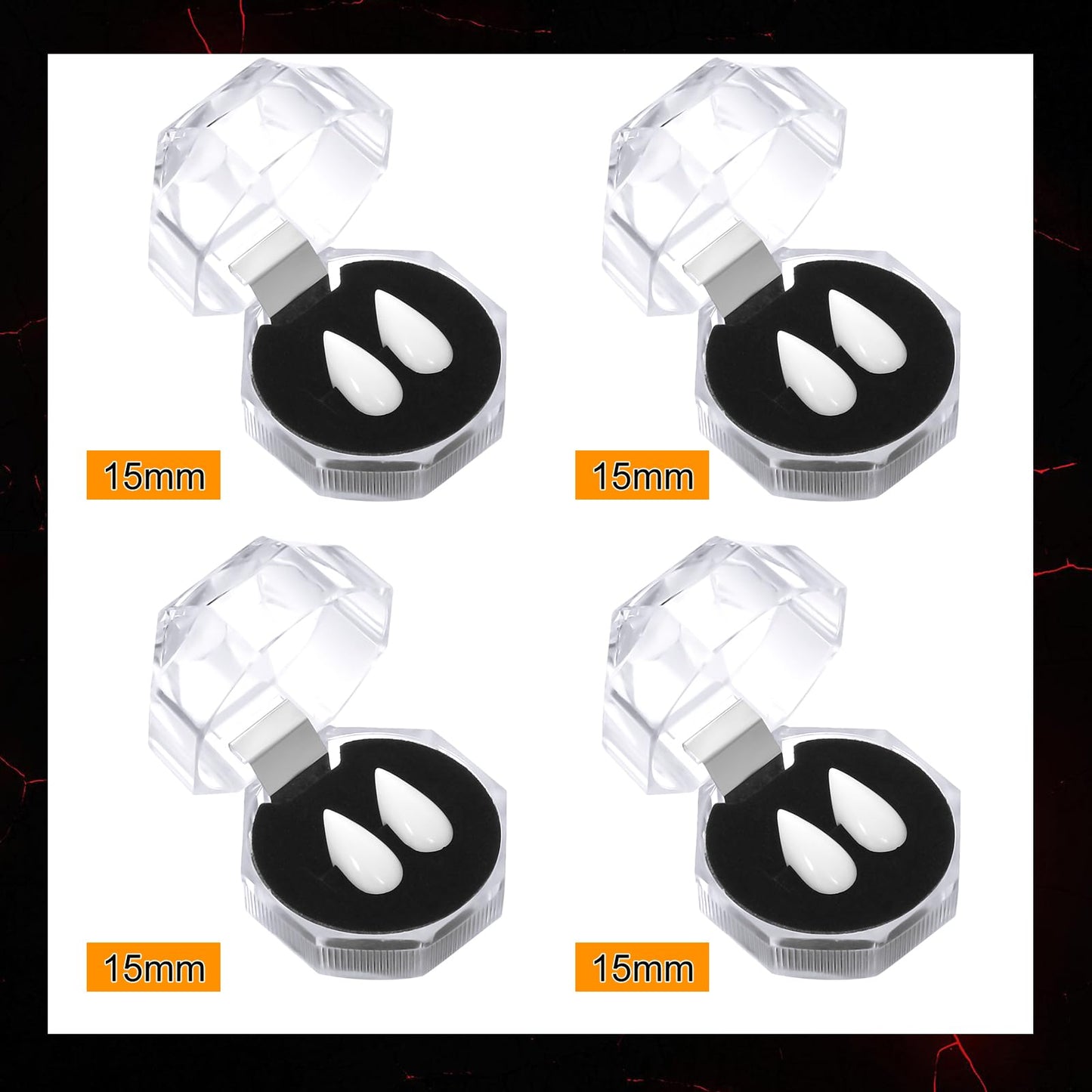 Zhanmai Vampire Fangs Kit – 4 Pairs with Adhesive (15/17/19 mm)