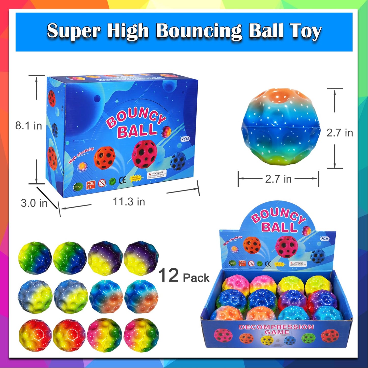 ZHEBAG Bouncy Ball – Colorful Big Super Bouncy Astro Balls, 12 Pack, High-Elastic Foam Jump Balls for Outside Play