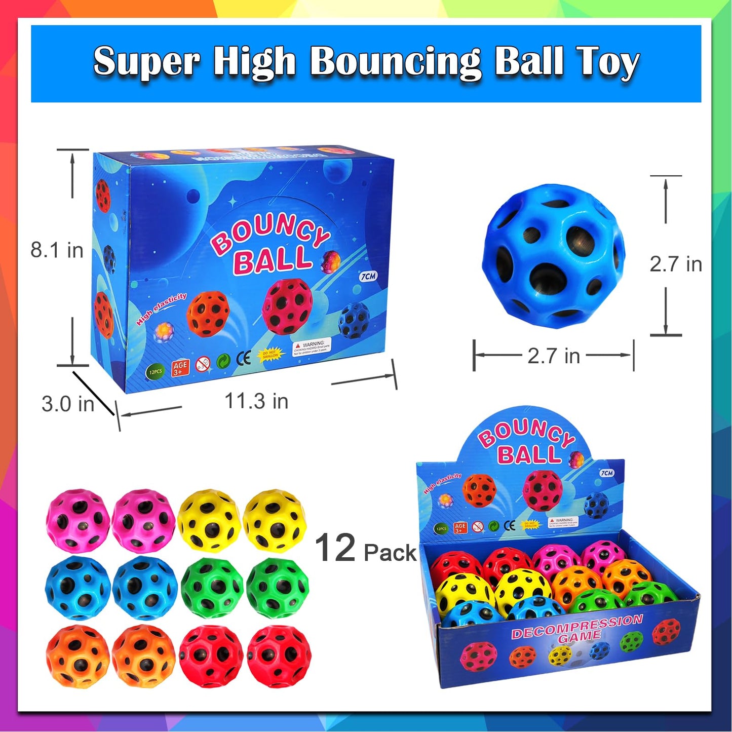 ZHEBAG Bouncy Ball 12 Pack — Colorful Foam Jump Balls for Kids, High Bounce