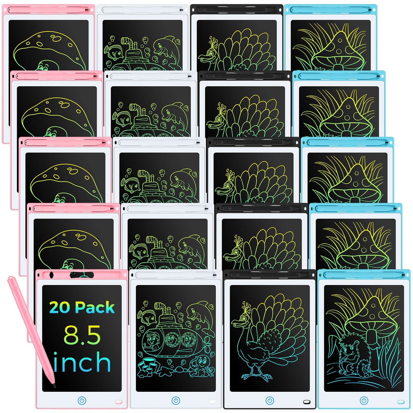 Zhehao 20-Pack LCD Writing Tablets for Kids – 8.5-Inch Colorful Doodle Boards (Pastel & Classic)