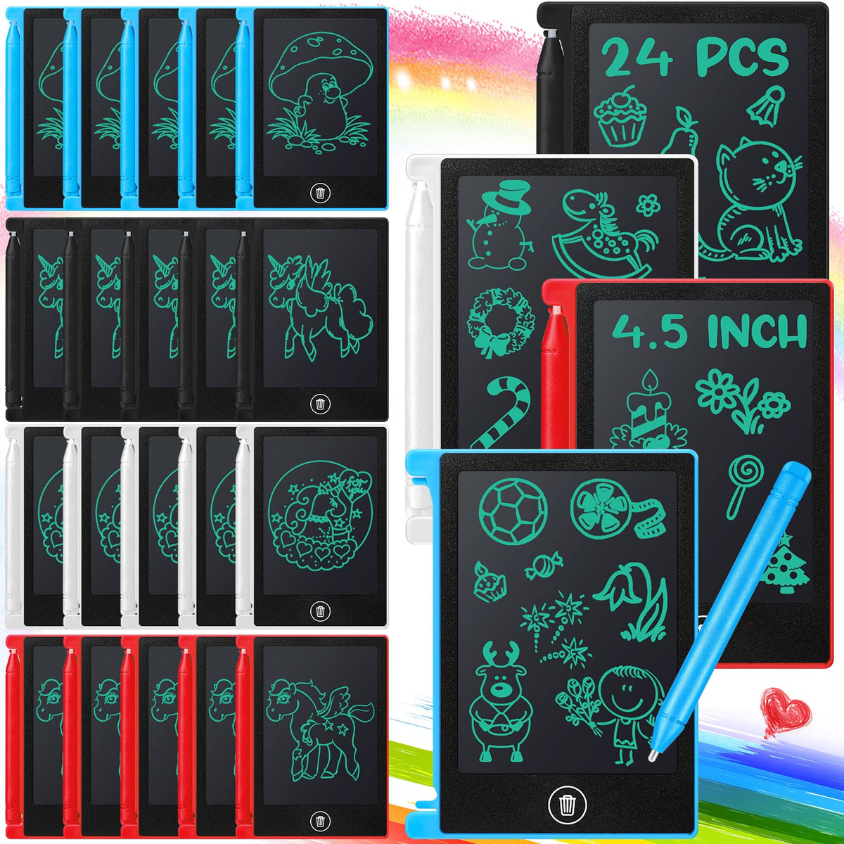 Zhehao 24 Pack LCD Mini Writing Tablet 4.5-Inch Doodle Board – Reusable Kids Drawing Pad (Blue, Black, White, Red)