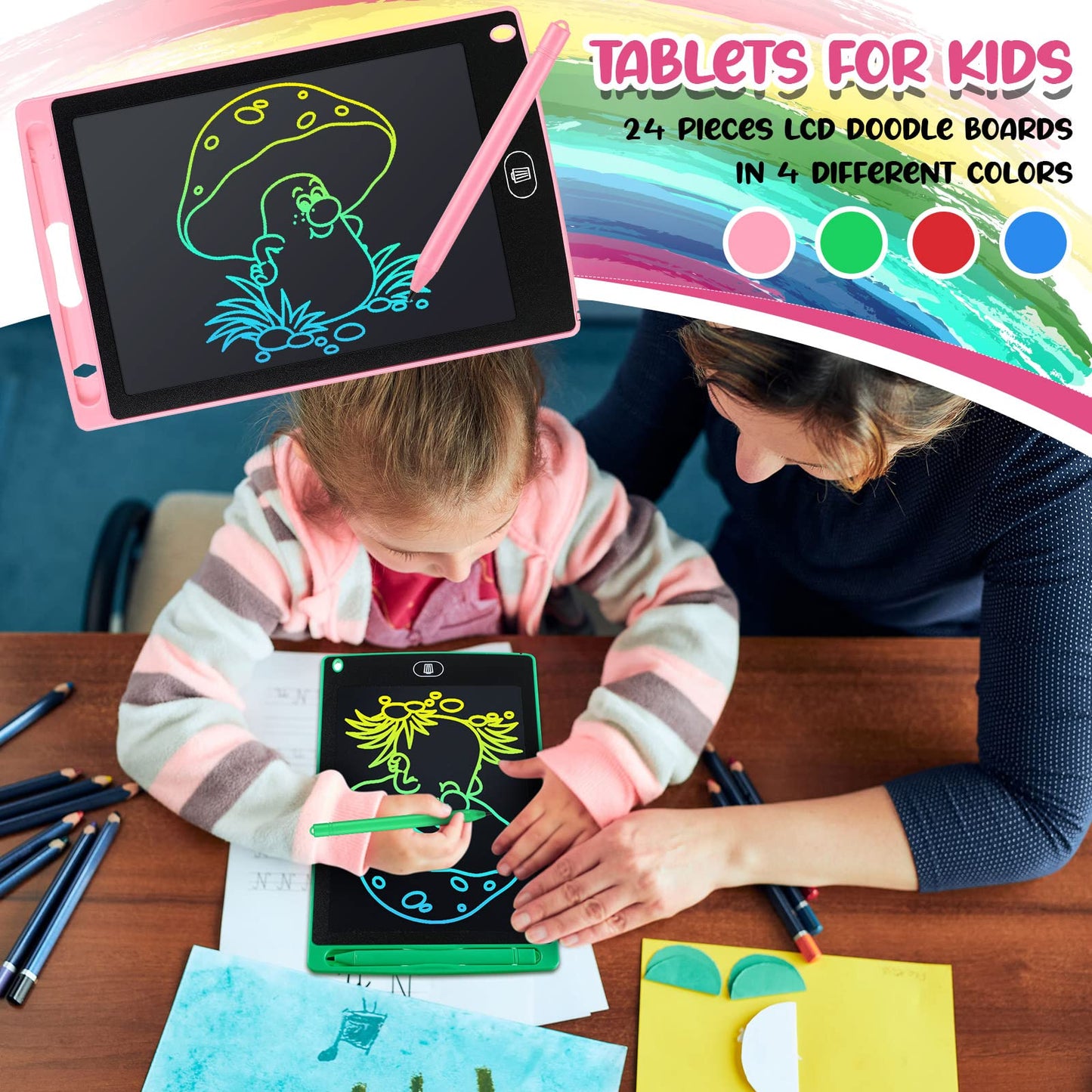 Zhehao 24-Piece LCD Writing Tablet Doodle Board – 8.5-Inch Colorful Reusable Screen for Kids 3-10 (Classic Round)