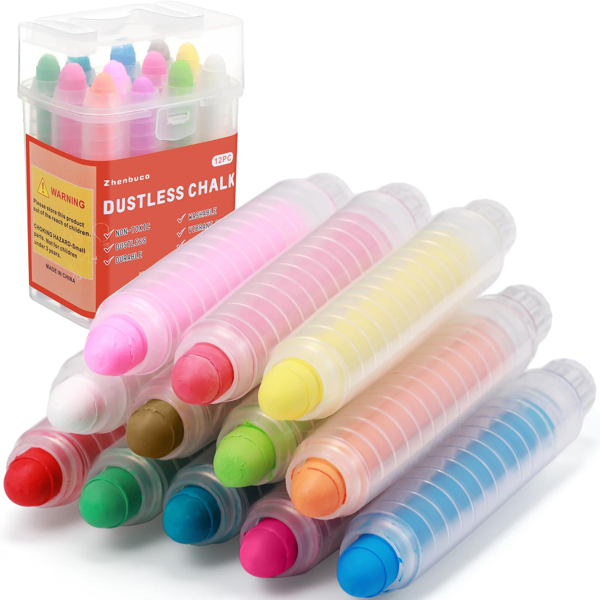 Zhenbuco Dustless Chalk for Kids - 12-Color Twistable, Washable Sidewalk Chalk with Holder