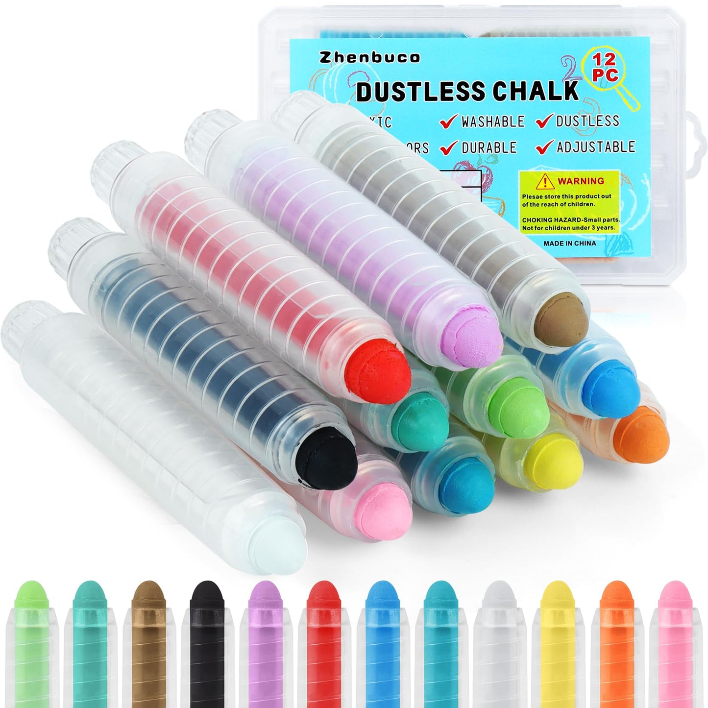 Zhenbuco Dustless Chalk for Kids — 12-Color Twistable Set with Holder, Dust-Free & Washable