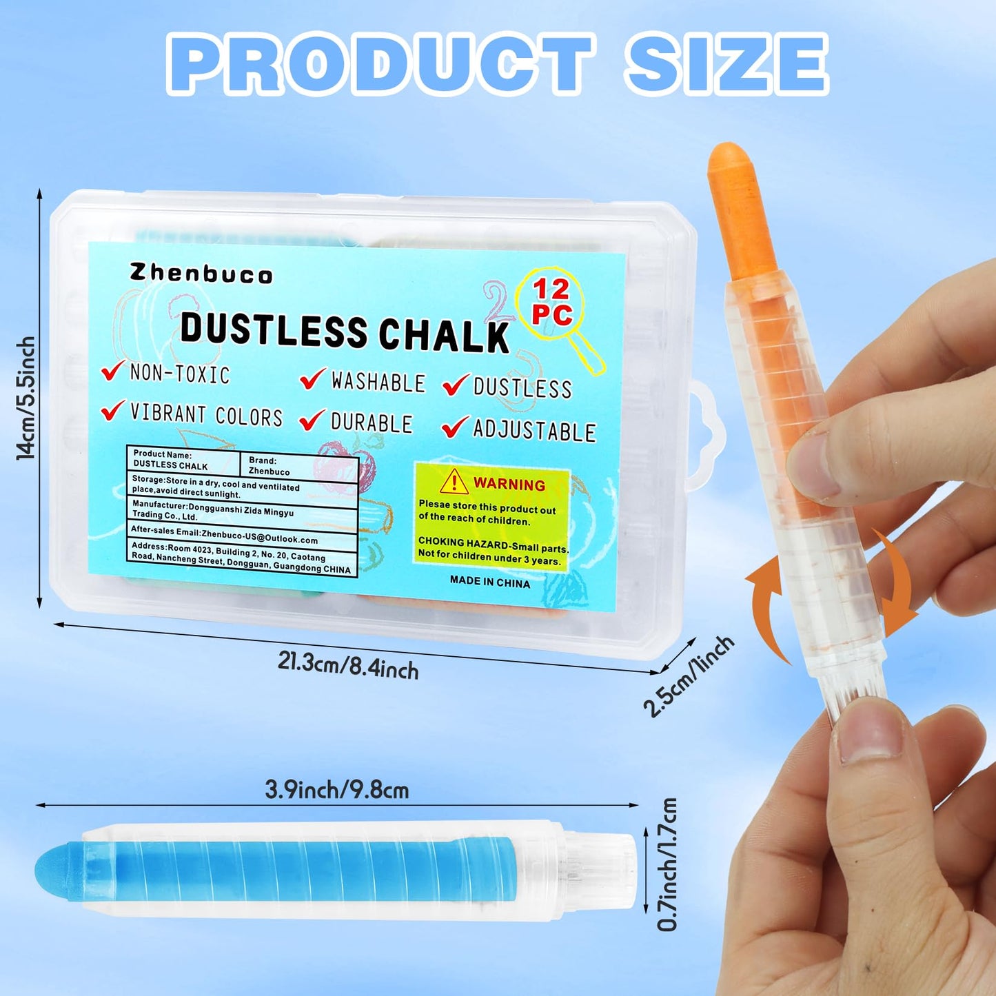 Zhenbuco Dustless Chalk for Kids — 12-Color Twistable Set with Holder, Dust-Free & Washable