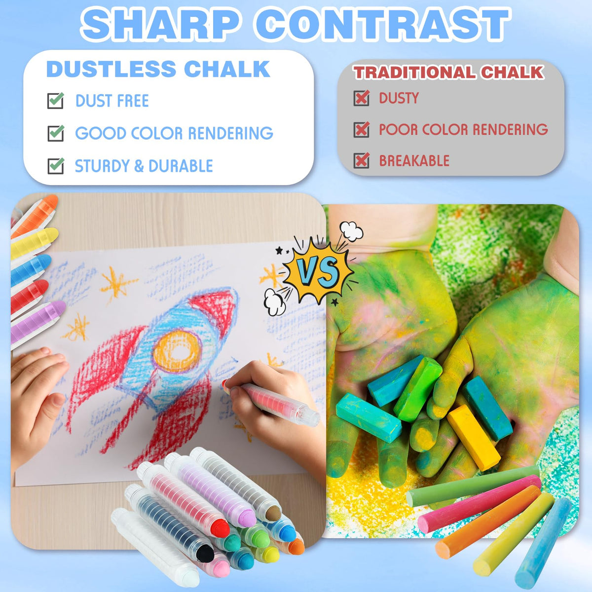 Zhenbuco Dustless Chalk for Kids — 12-Color Twistable Set with Holder, Dust-Free & Washable