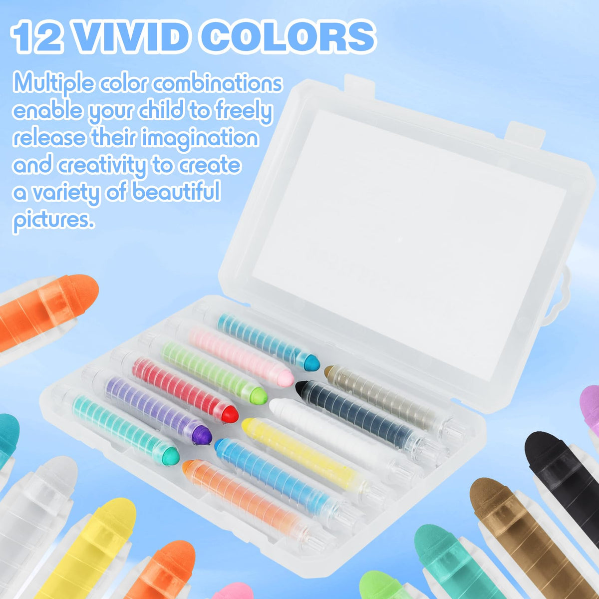 Zhenbuco Dustless Chalk for Kids — 12-Color Twistable Set with Holder, Dust-Free & Washable