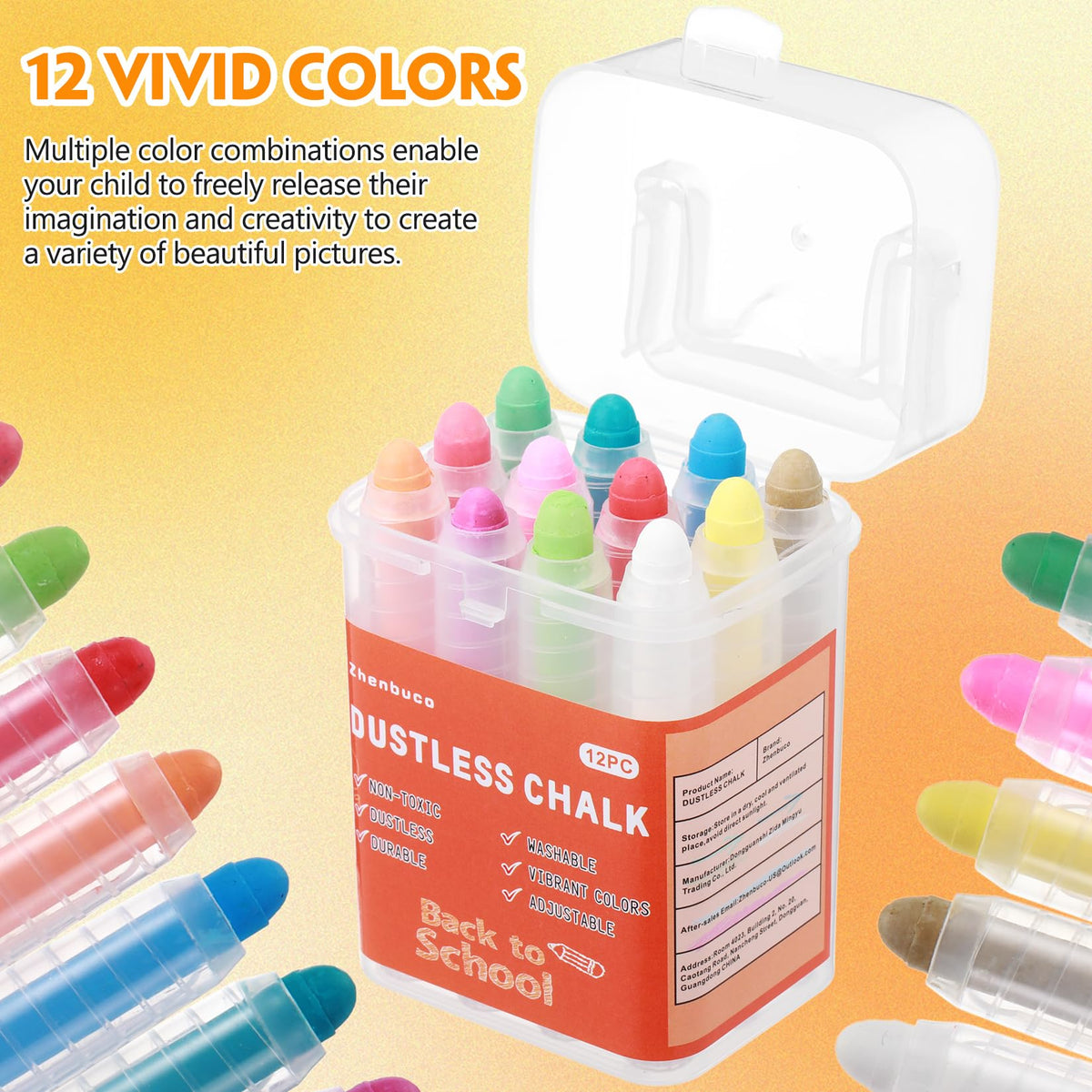 Zhenbuco Dustless Chalk for Kids - 12-Color Twistable, Washable Sidewalk Chalk with Holder