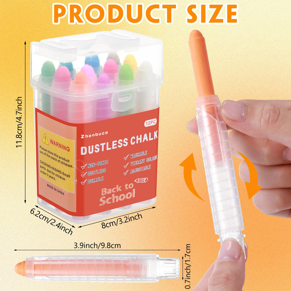 Zhenbuco Dustless Chalk for Kids - 12-Color Twistable, Washable Sidewalk Chalk with Holder
