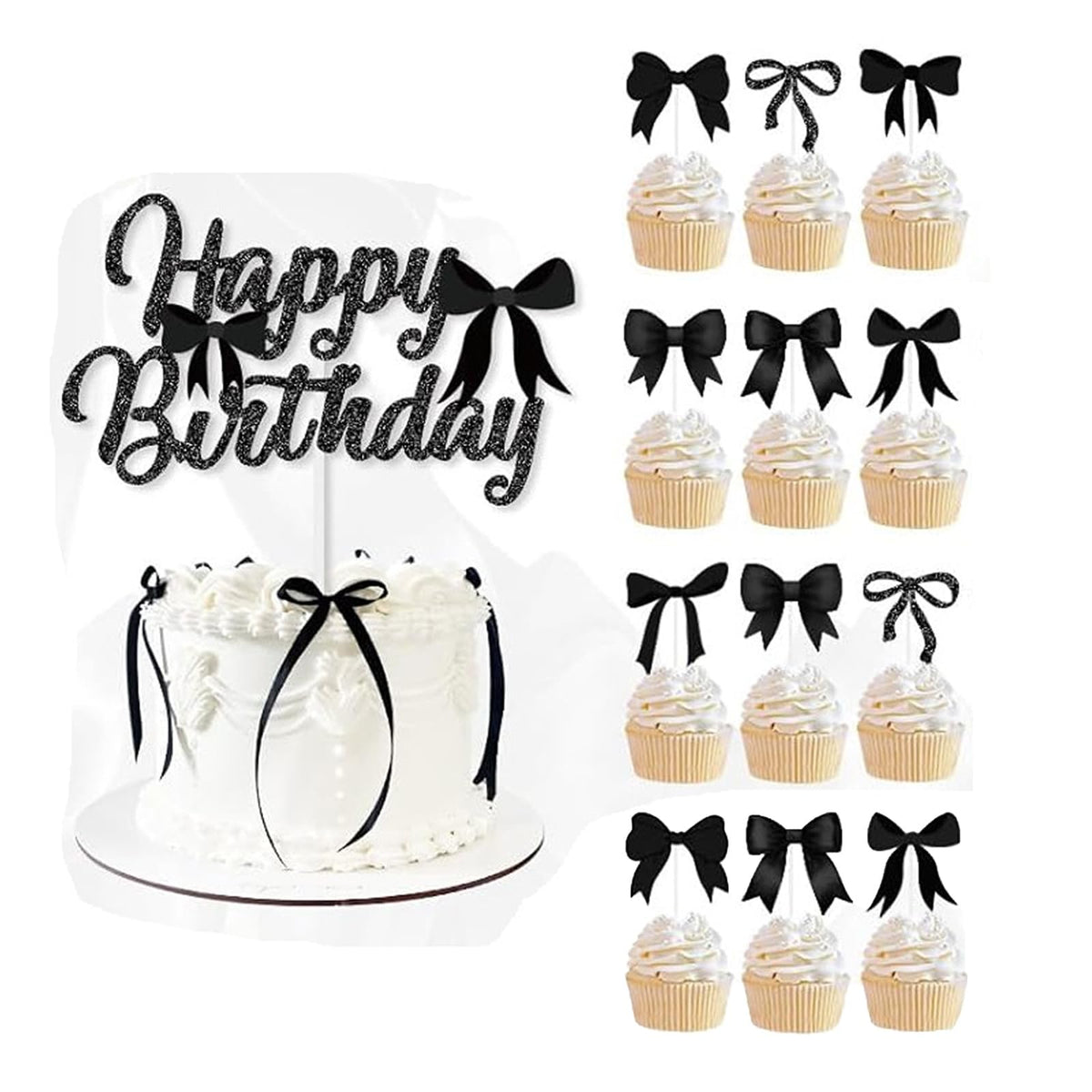 ZHENGYE 13-Piece Black Bow Cake Toppers for Birthday Cakes, Cupcakes & Celebrations