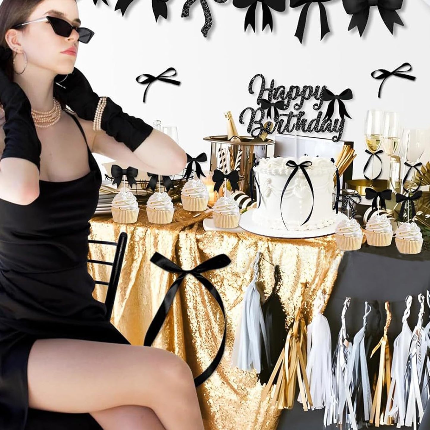 ZHENGYE 13-Piece Black Bow Cake Toppers for Birthday Cakes, Cupcakes & Celebrations