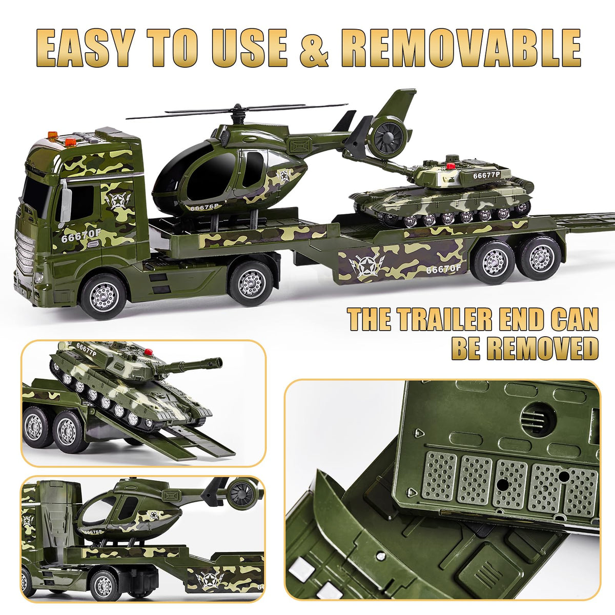 ZHFUYS 25.6-inch Green Military Big Truck Toy with Tank & Helicopter, Sounds & Lights