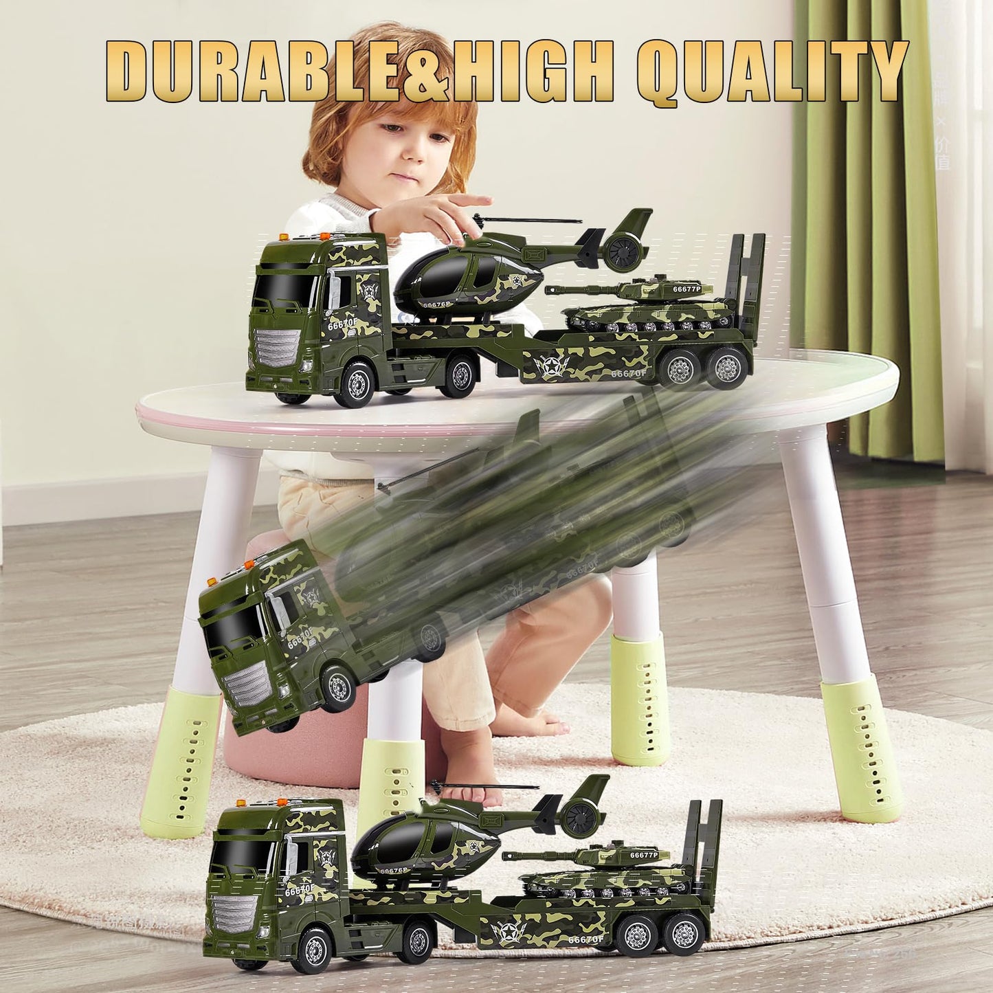 ZHFUYS 25.6-inch Green Military Big Truck Toy with Tank & Helicopter, Sounds & Lights