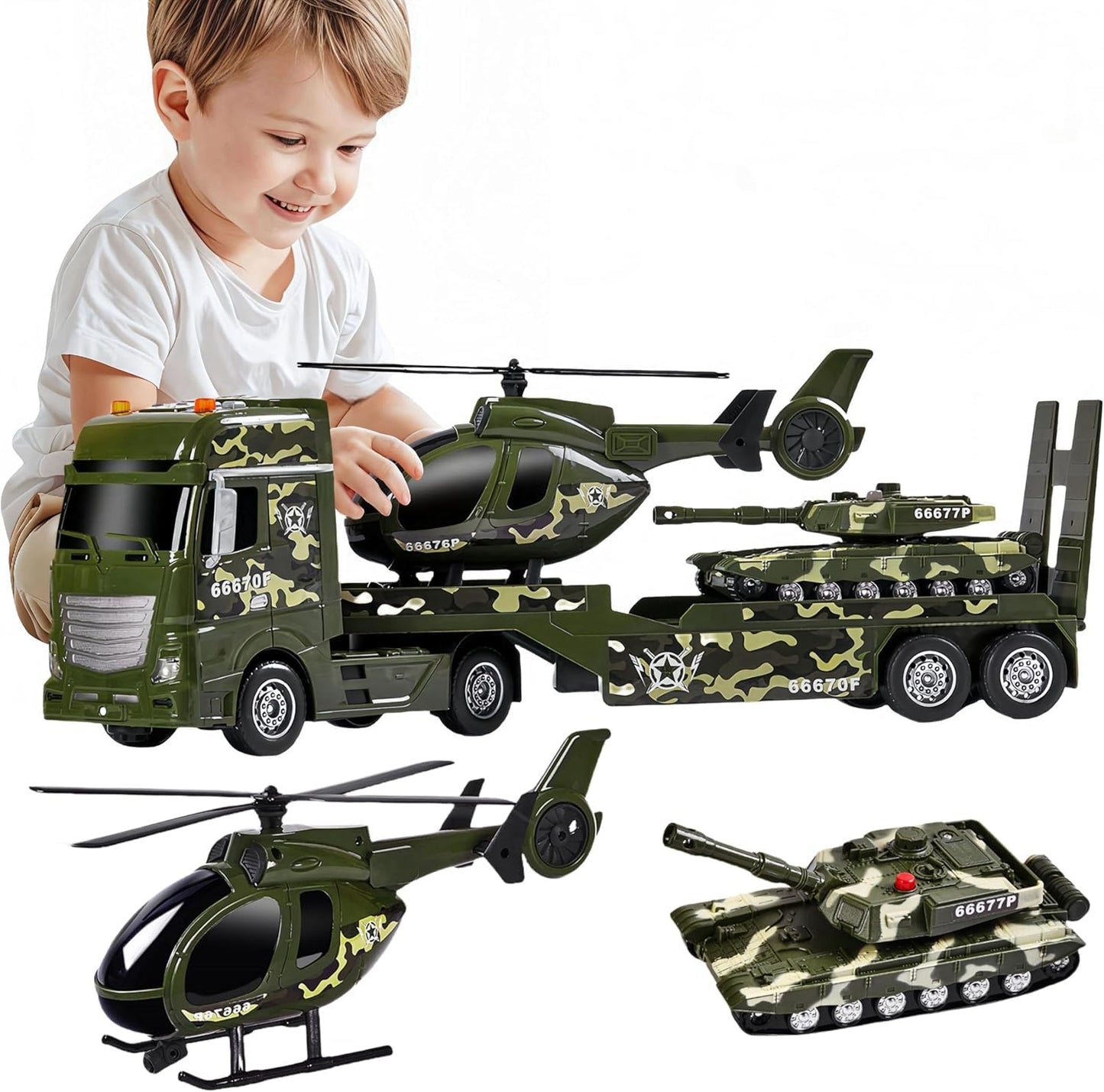 ZHFUYS 25.6-inch Green Military Big Truck Toy with Tank & Helicopter, Sounds & Lights
