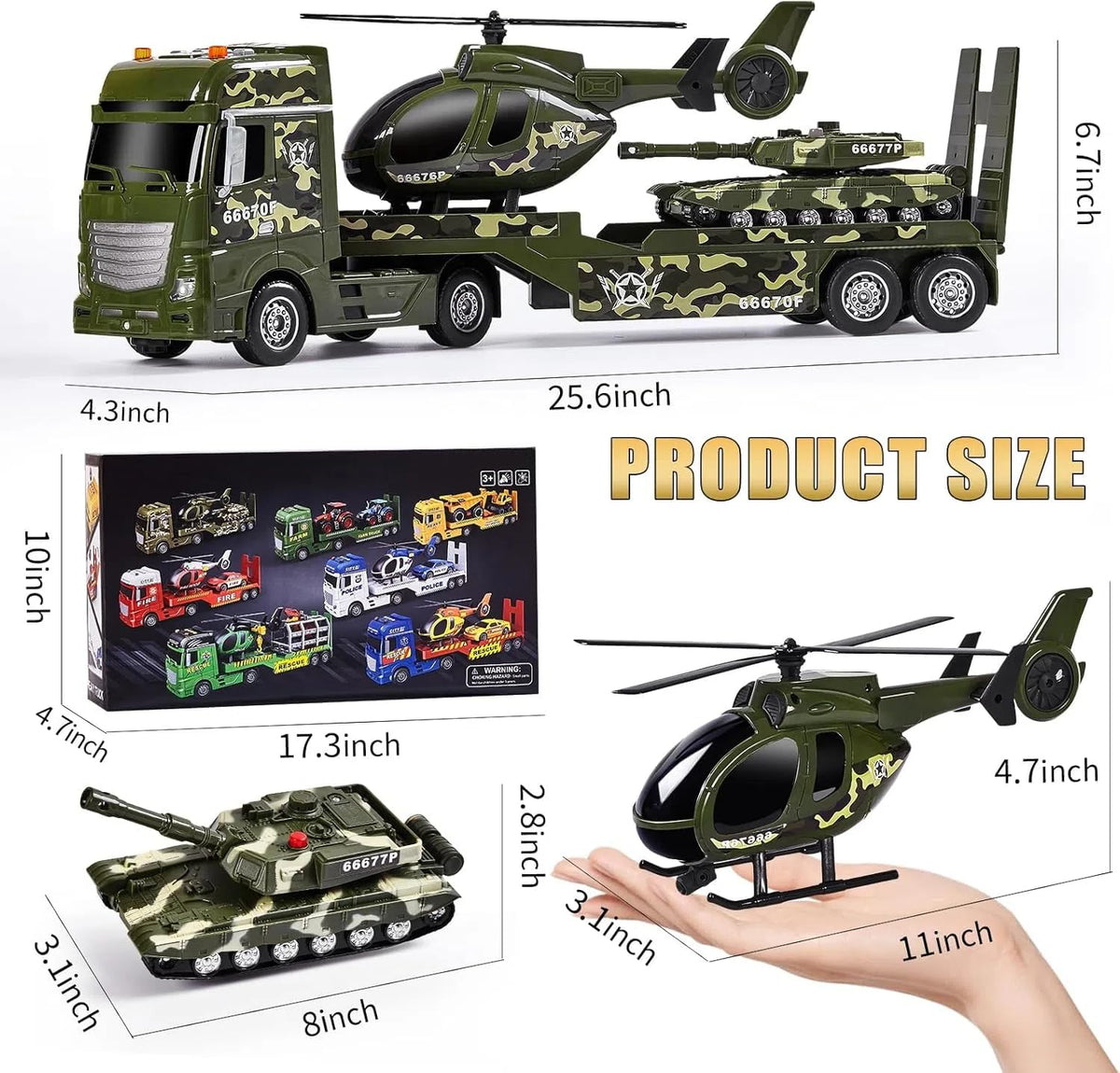 ZHFUYS 25.6-inch Green Military Big Truck Toy with Tank & Helicopter, Sounds & Lights