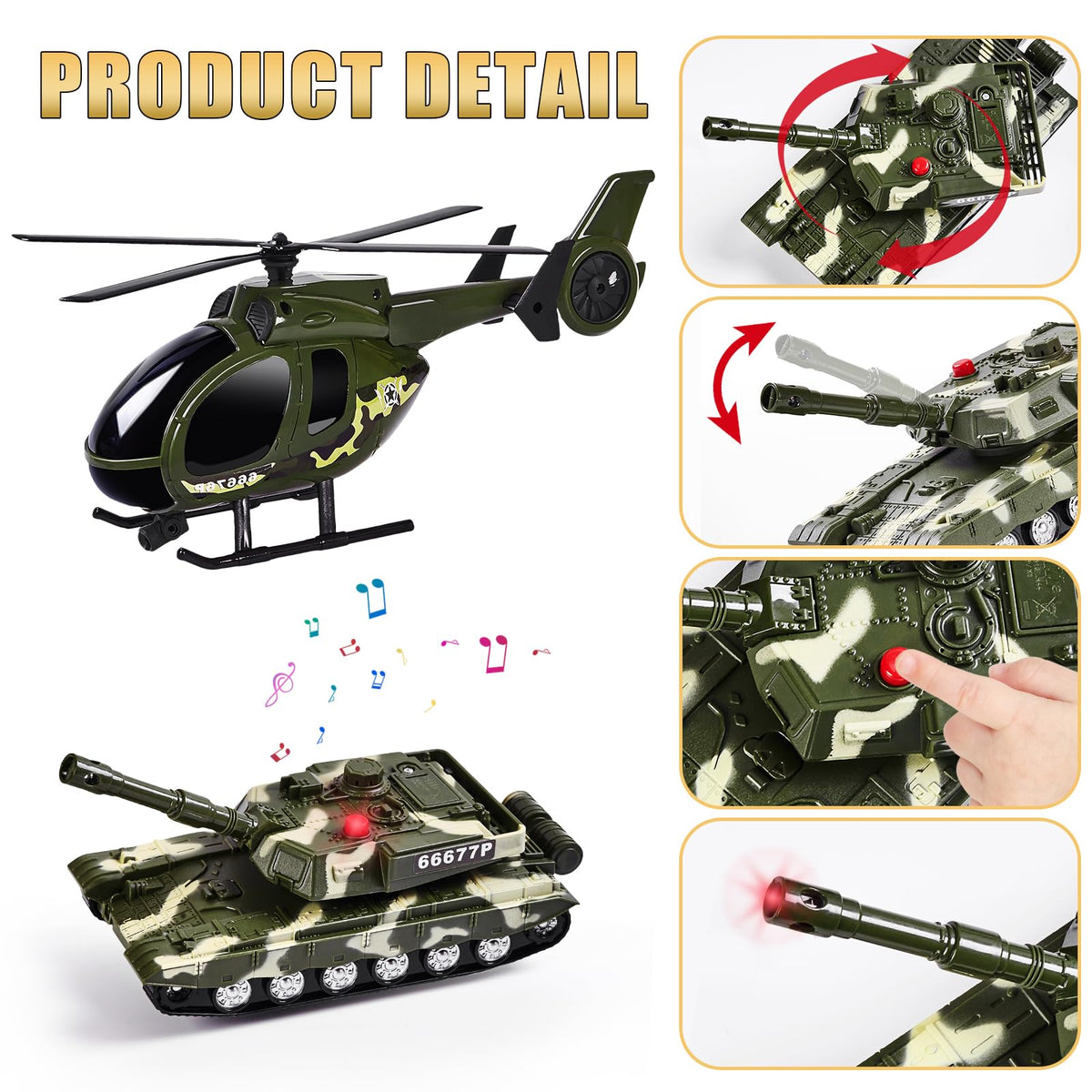 ZHFUYS 25.6-inch Green Military Big Truck Toy with Tank & Helicopter, Sounds & Lights