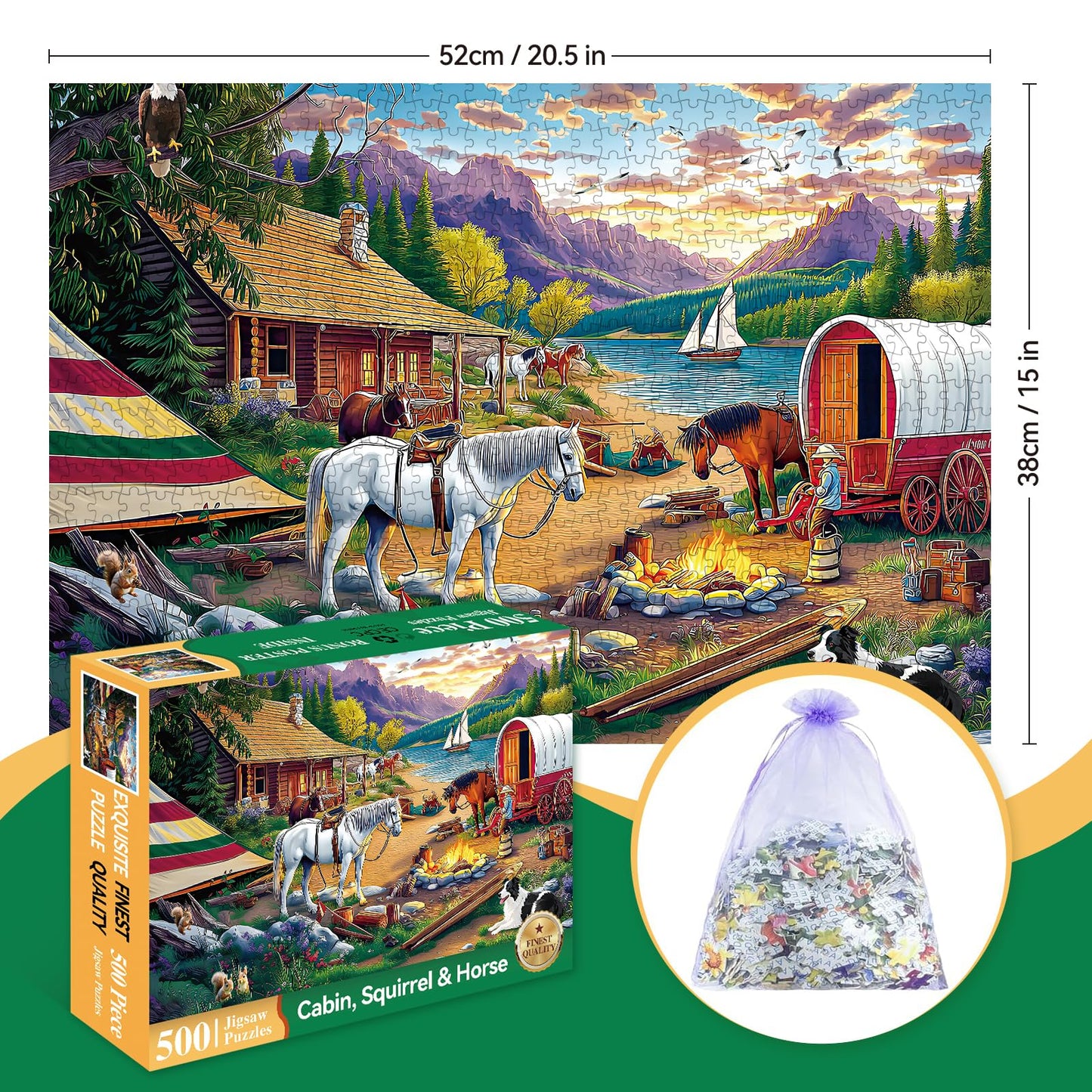 ZHISEOYI 500-Piece Jigsaw Puzzle – Lakeside Camping Scene with Horses & Dog | Family Night