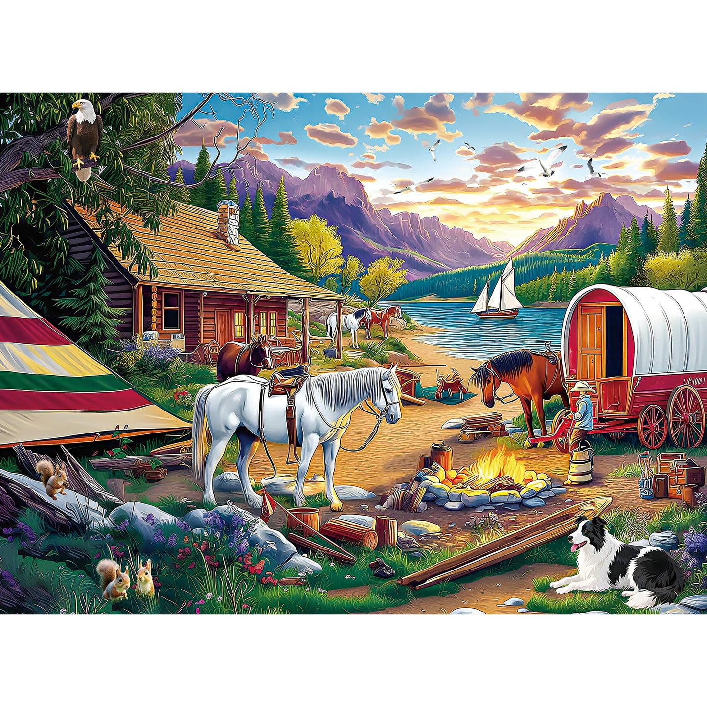 ZHISEOYI 500-Piece Jigsaw Puzzle – Lakeside Camping Scene with Horses & Dog | Family Night