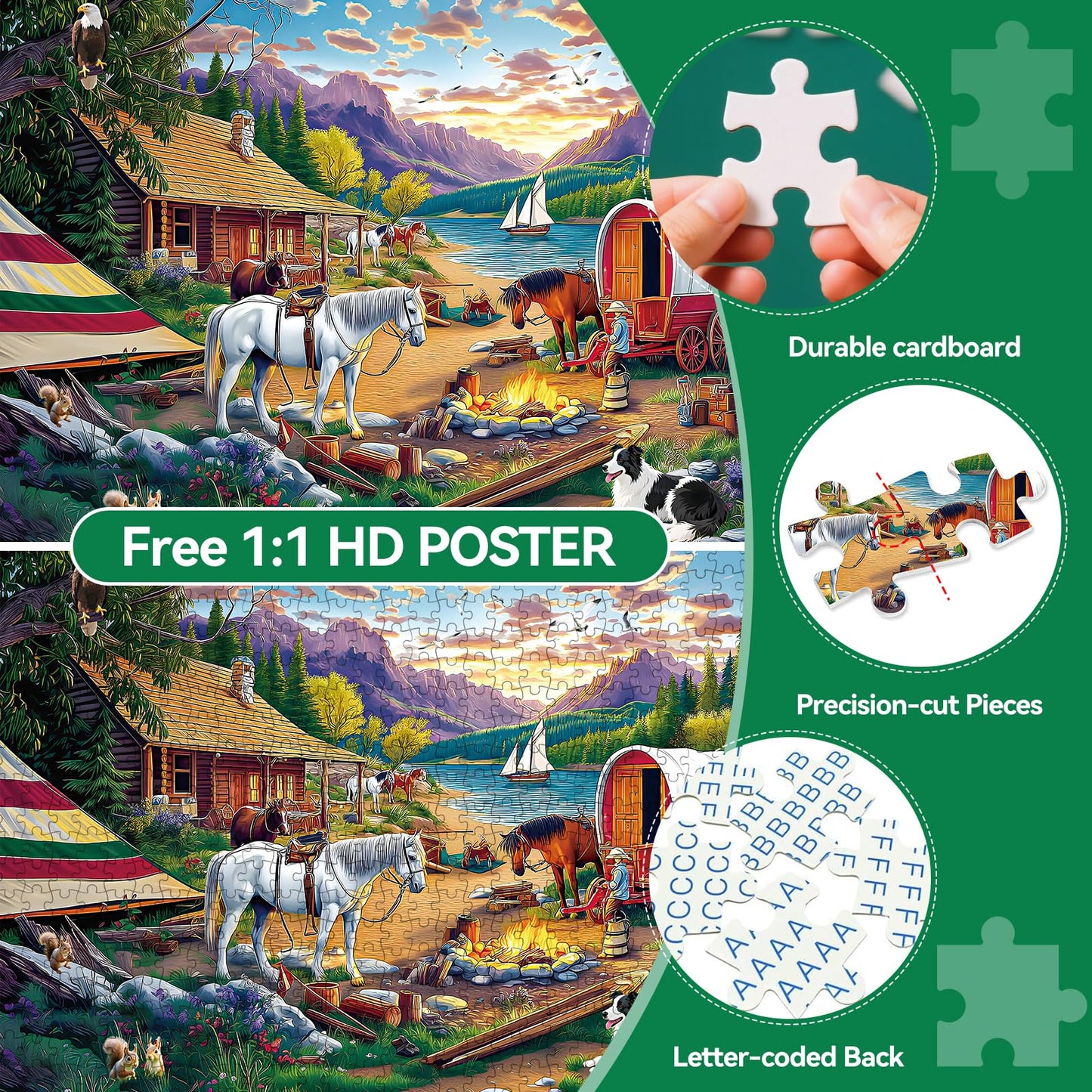 ZHISEOYI 500-Piece Jigsaw Puzzle – Lakeside Camping Scene with Horses & Dog | Family Night