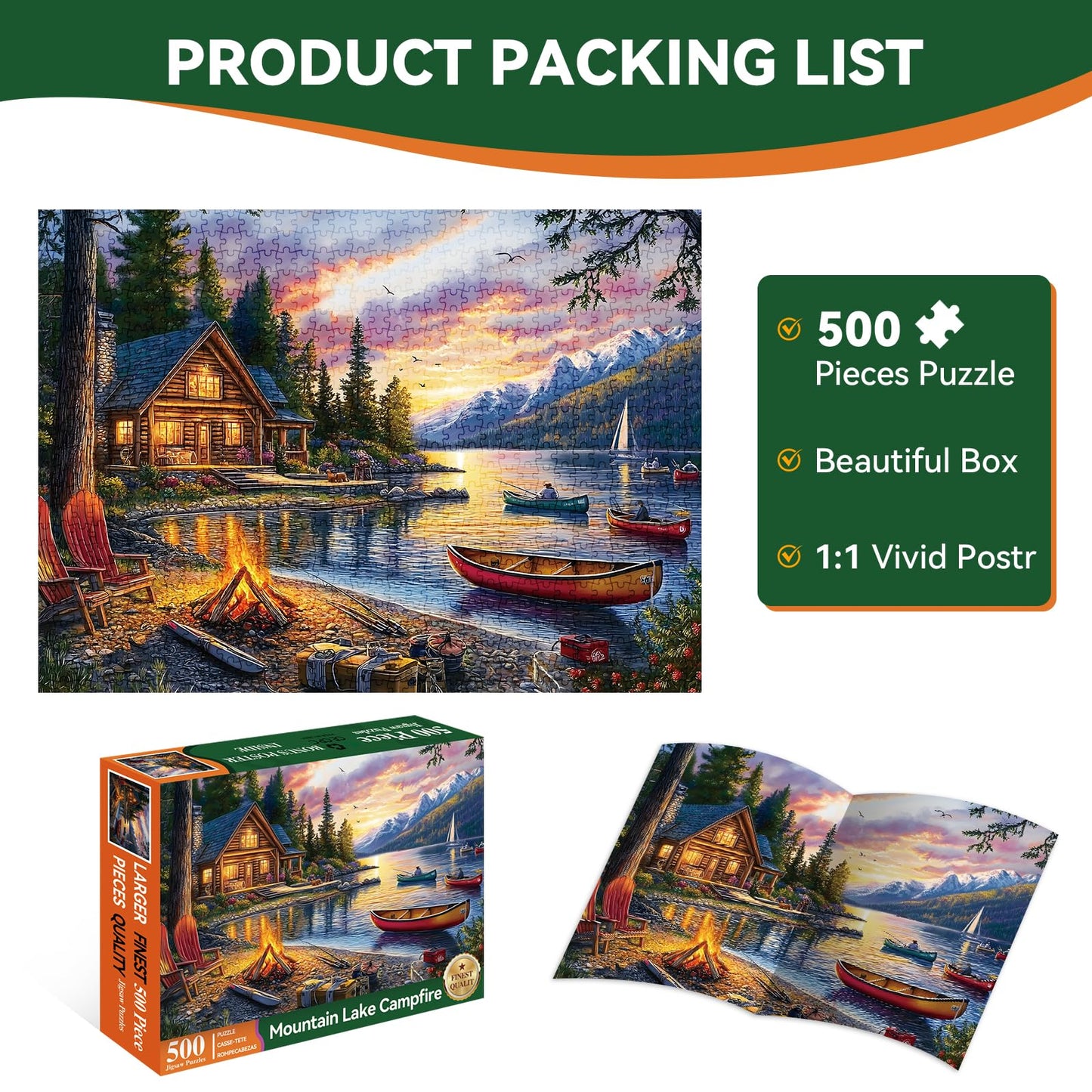 Zhiseoyi 500-Piece Jigsaw Puzzle – Scenic Lakeside Cabin, Interlocking Pieces, 1:1 Poster