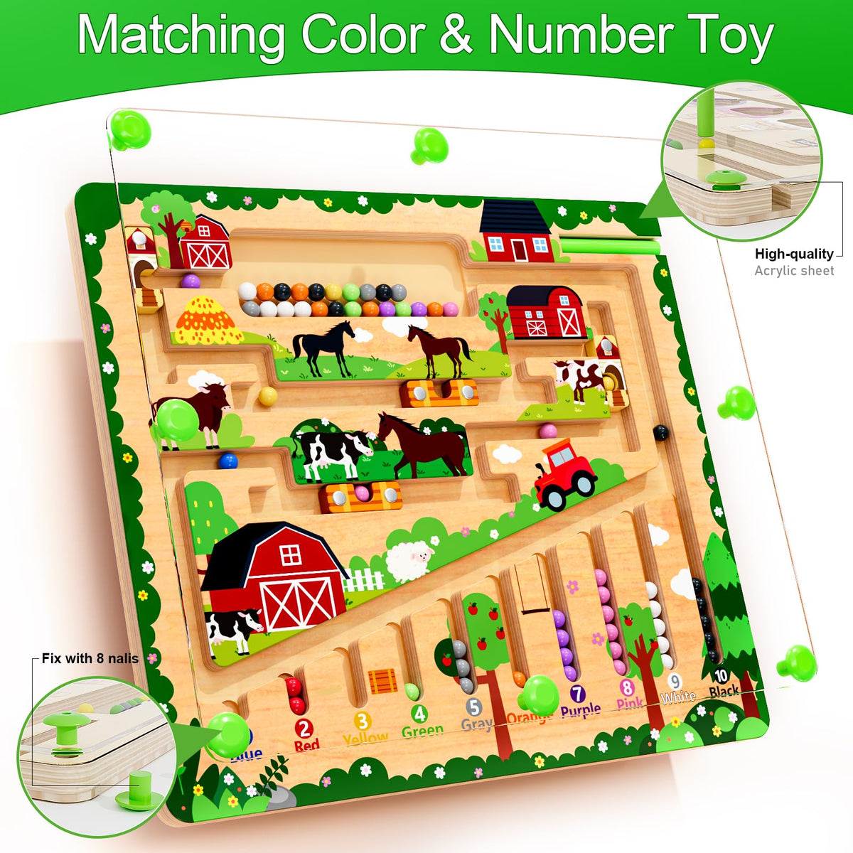 zhiwuzhu Magnetic Color and Number Maze – Montessori Wooden Toy for 2-4 Year Olds