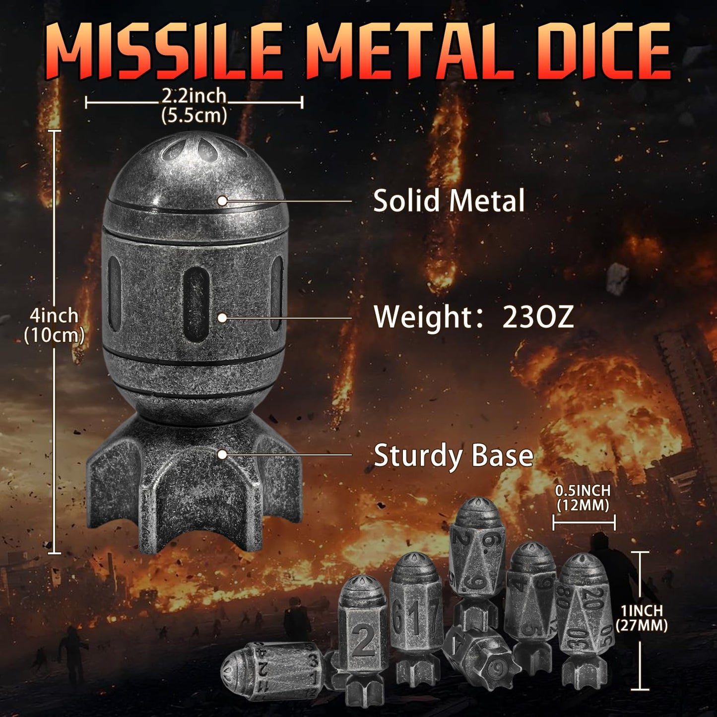 ZHOORQI DND Metal Dice Set with Spinning Container – Missile-Retro Silver Polyhedral Dice