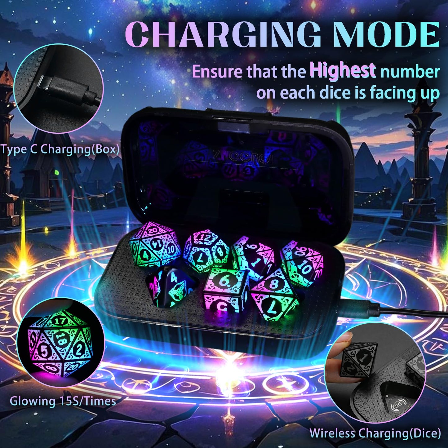 ZHOORQI LED Dice Set DND – Rechargeable Polyhedral D&D Dice with Charging Box