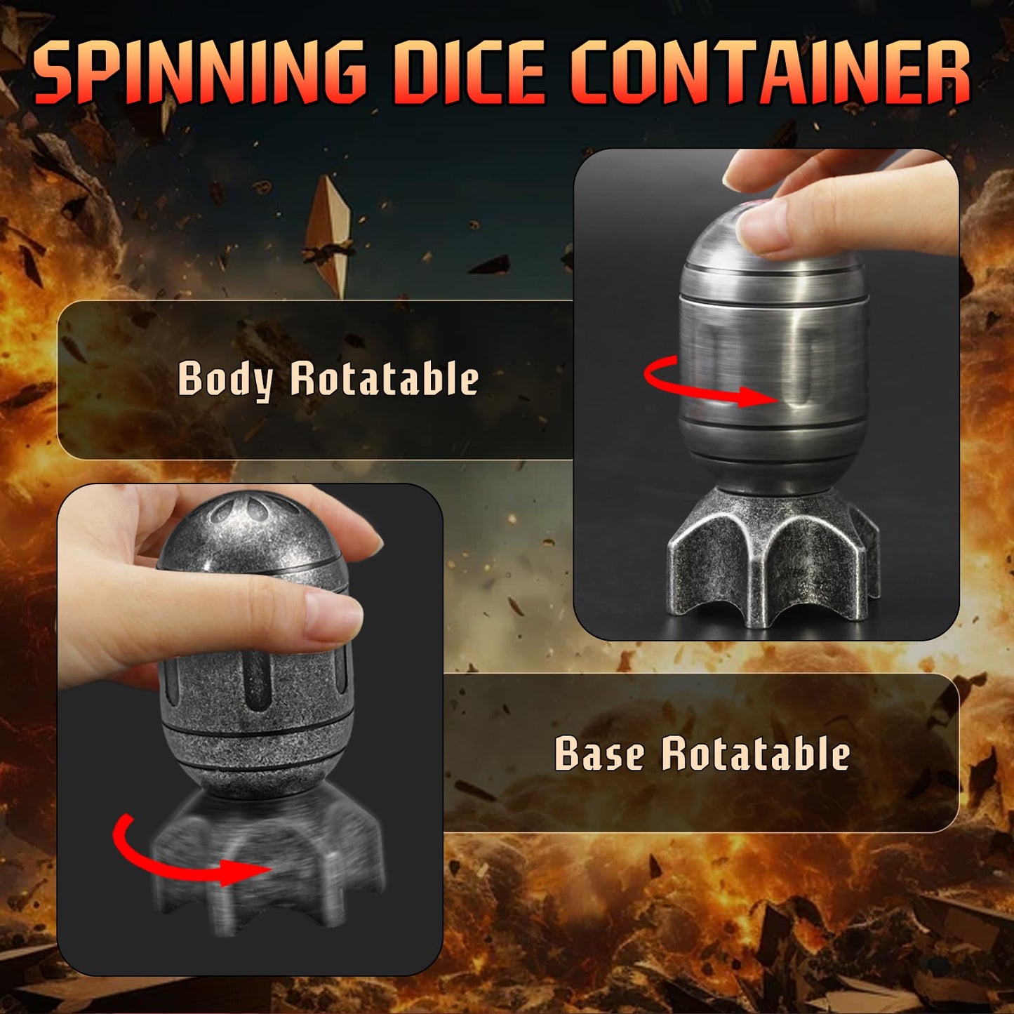 ZHOORQI DND Metal Dice Set with Spinning Container – Missile-Retro Silver Polyhedral Dice