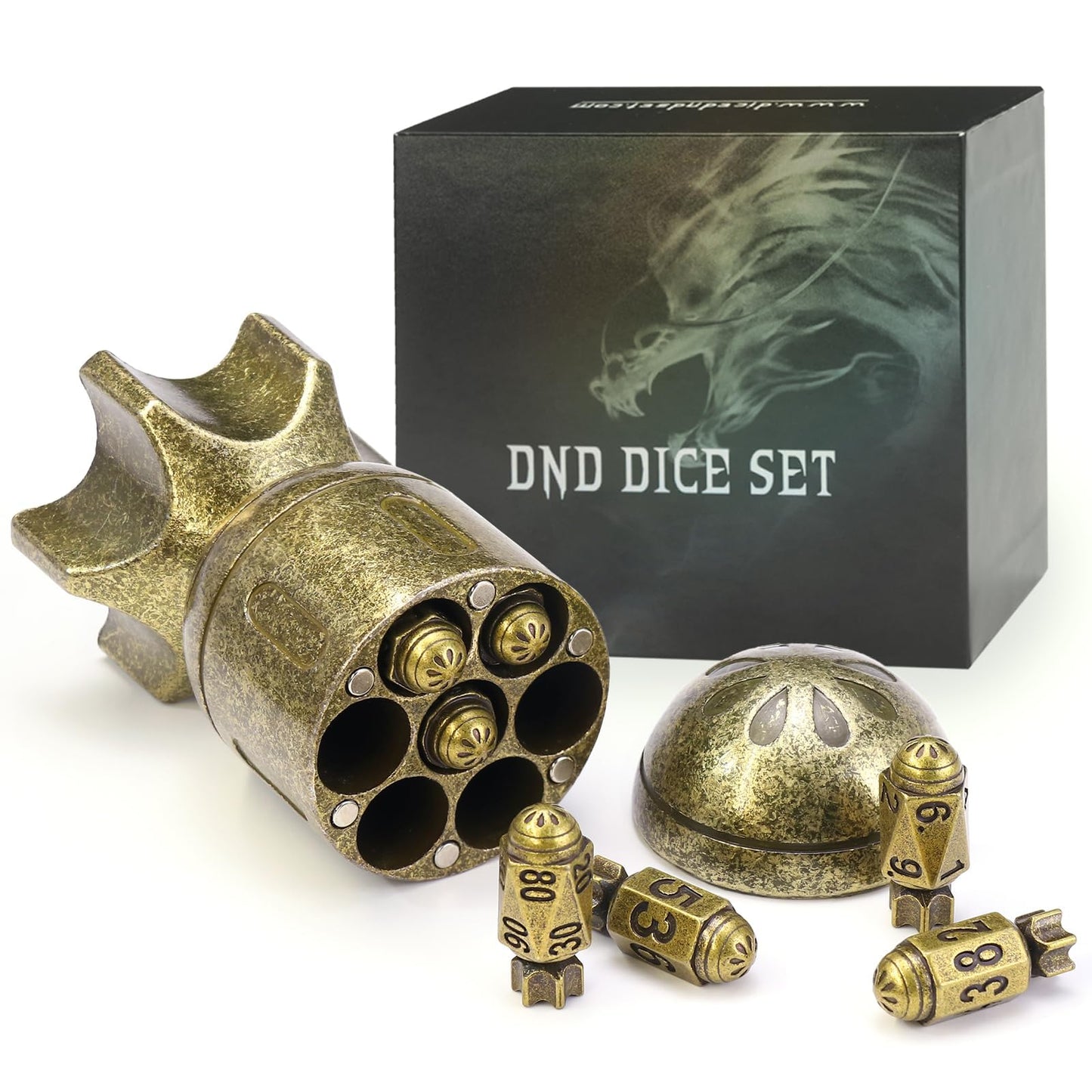 ZHOORQI DND Metal Dice Set with Spinning Missile Container – Premium Bullet Dice for DND & RPGs
