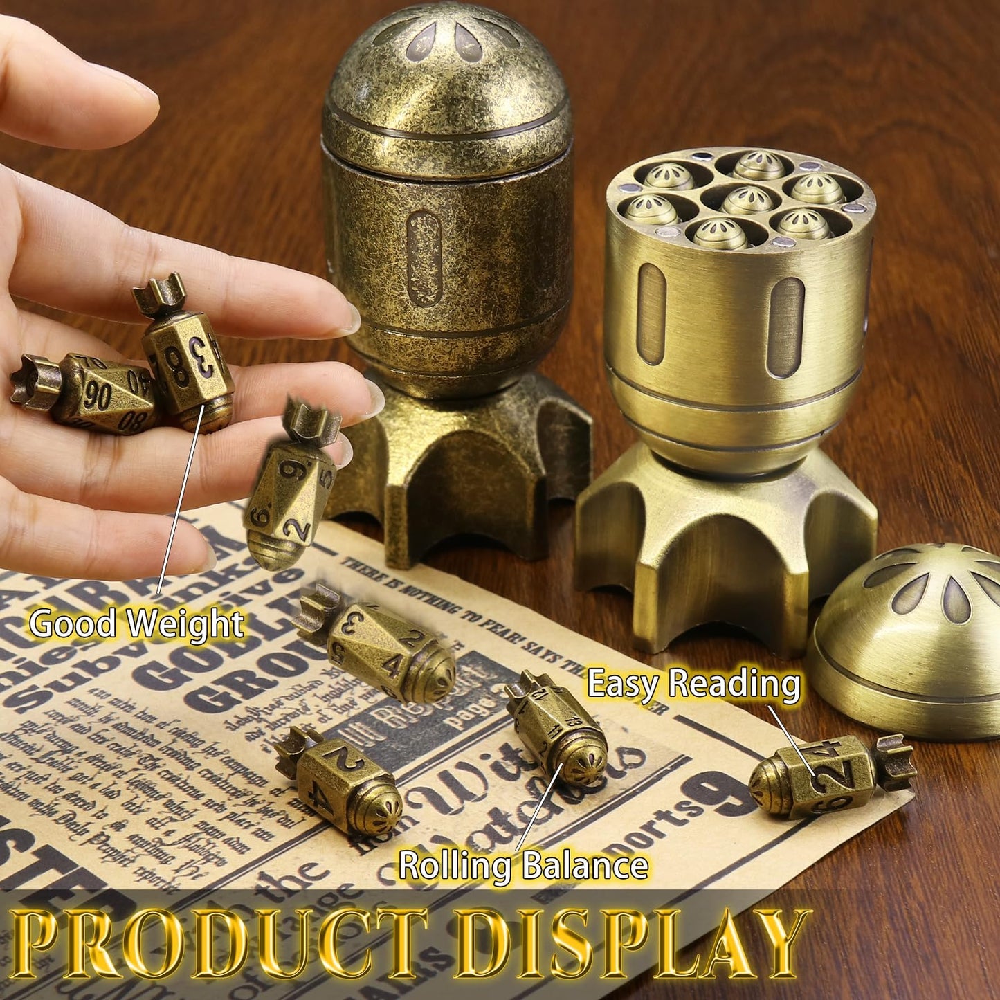 ZHOORQI DND Metal Dice Set with Spinning Missile Container – Premium Bullet Dice for DND & RPGs