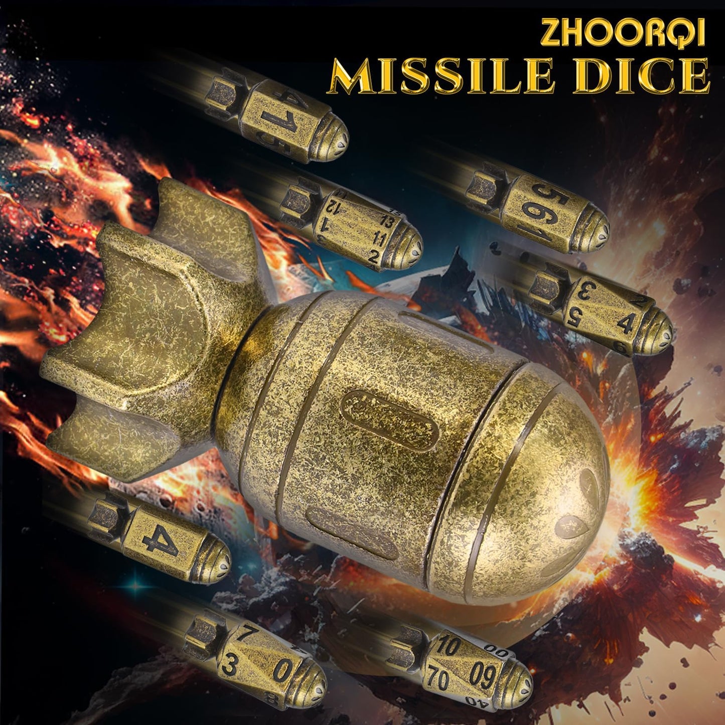ZHOORQI DND Metal Dice Set with Spinning Missile Container – Premium Bullet Dice for DND & RPGs