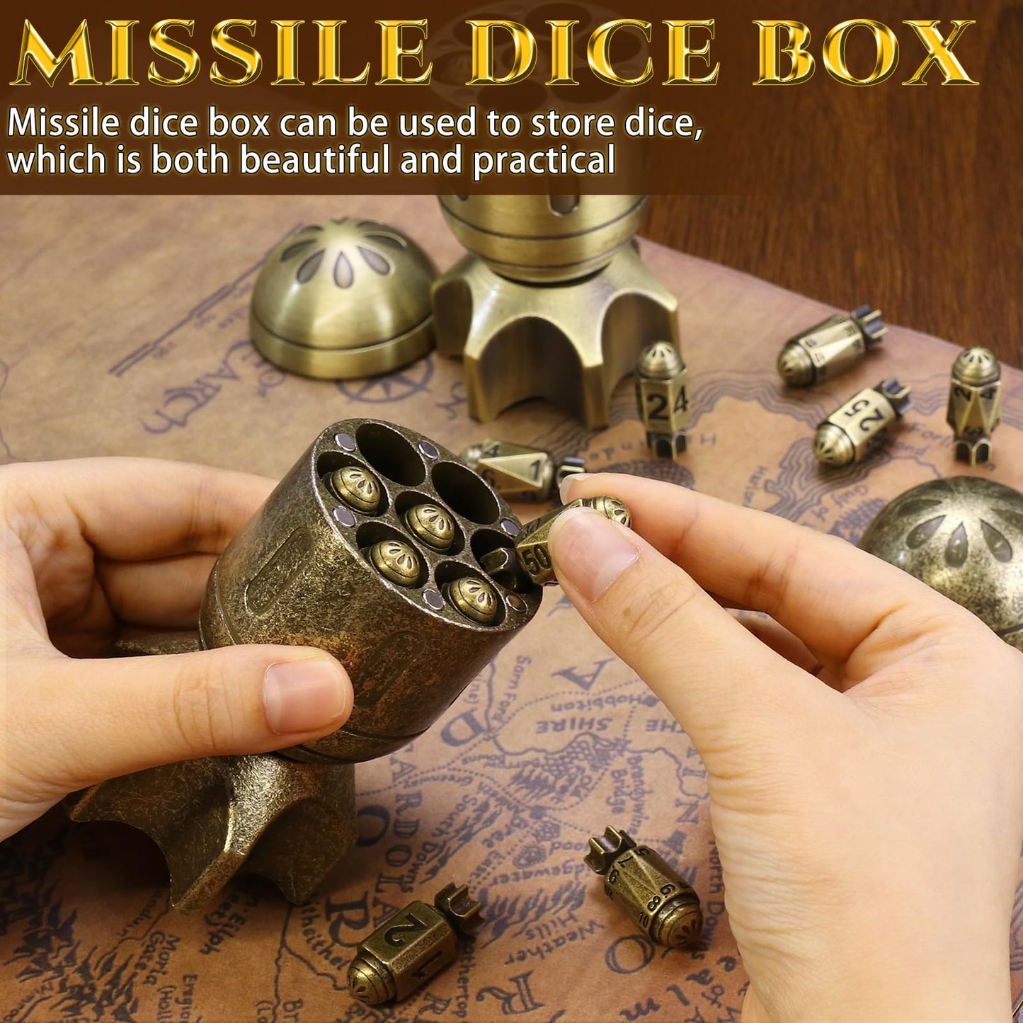 ZHOORQI DND Metal Dice Set with Spinning Missile Container – Premium Bullet Dice for DND & RPGs
