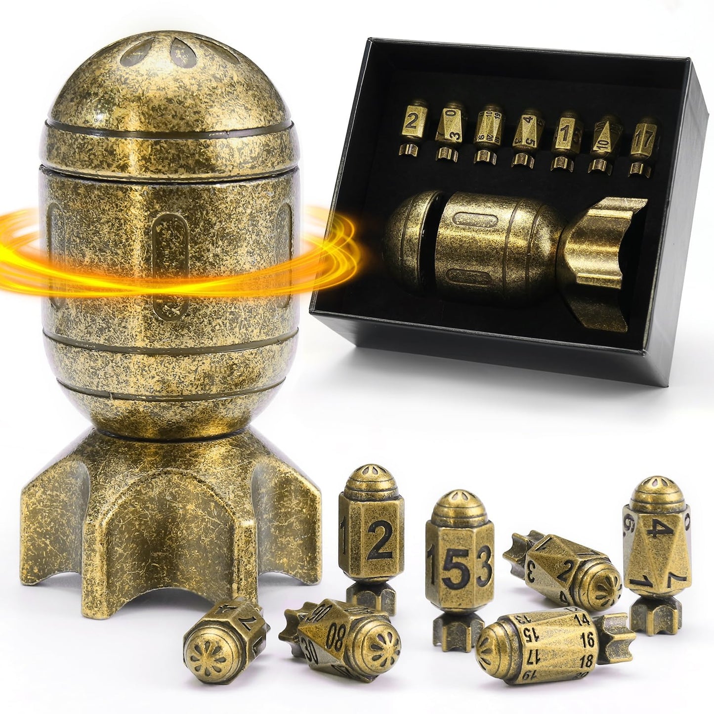 ZHOORQI DND Metal Dice Set with Spinning Missile Container – Premium Bullet Dice for DND & RPGs