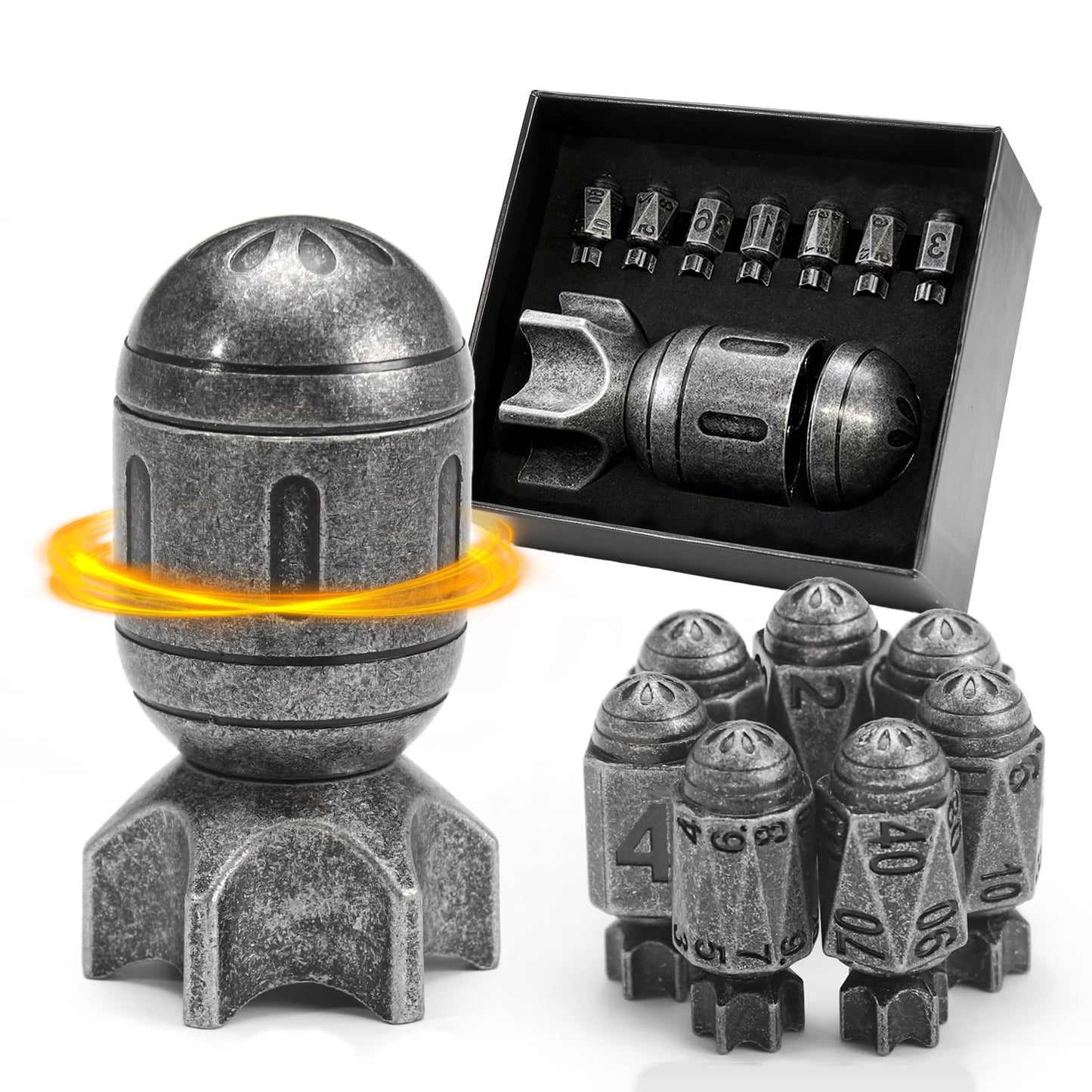 ZHOORQI DND Metal Dice Set with Spinning Container – Missile-Retro Silver Polyhedral Dice