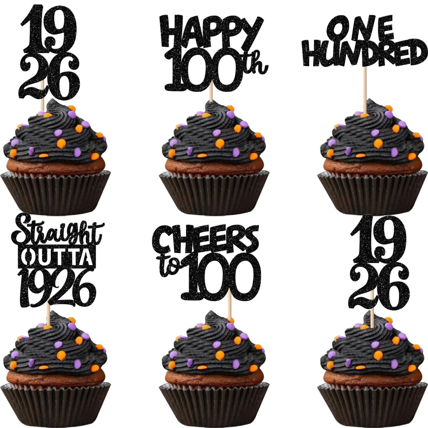 ZHUOWEISM 30pcs Black Glitter 100th Birthday Cupcake Toppers – Straight Outta 1926 Party Picks