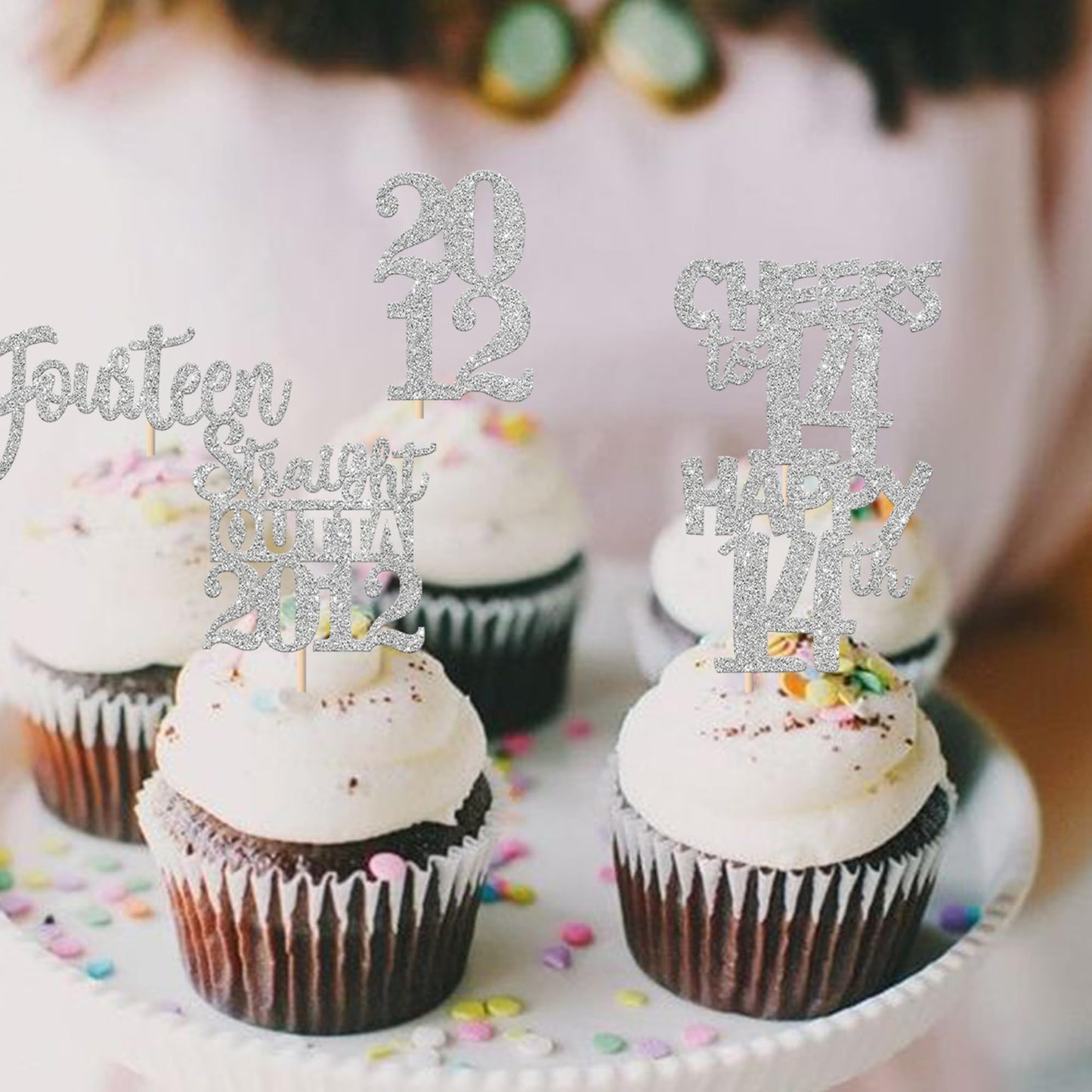 ZHUOWEISM 30Pcs Glitter 14th Birthday Cupcake Toppers – Straight Outta 2012 Theme, Silver Party Decor