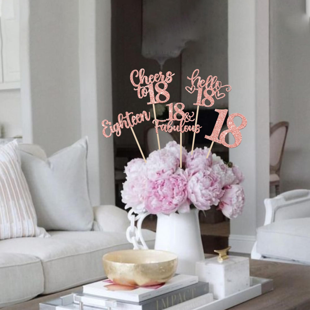 ZHUOWEISM 15Pcs Happy 18th Birthday Centerpiece Sticks – Rose Gold Glitter